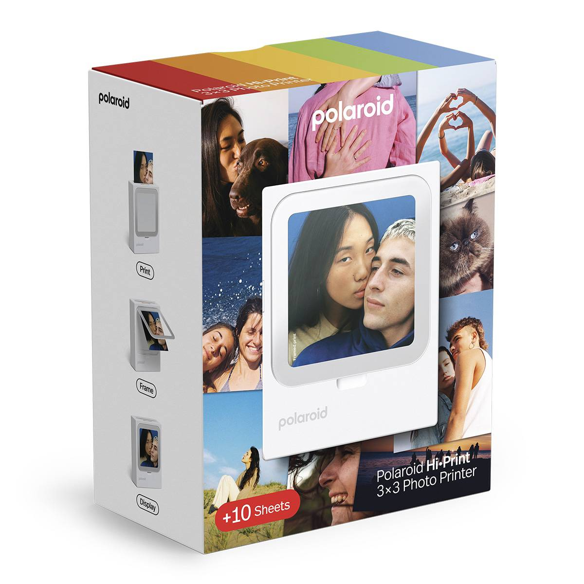 La caja de la impresora fotográfica Polaroid Hi-Print 3x3 presenta colores de arcoíris y varias fotos.
