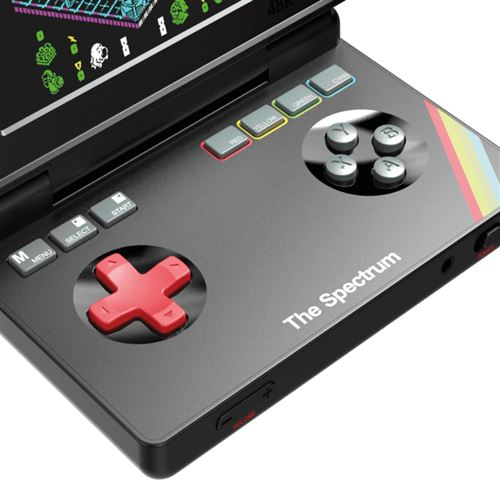 Un dispositivo de juego portátil negro con D-pad rojo, botones y rayas de arcoíris.