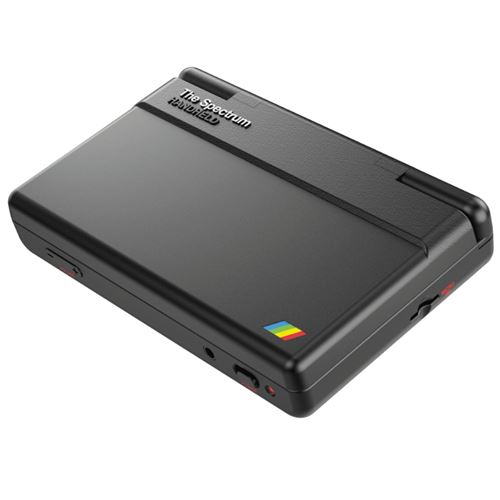 Dispositivo portátil negro con texto "The Spectrum HANDHELD" y logo arcoíris.