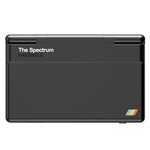 Un dispositivo rectangular negro con el texto "The Spectrum HANDHELD" y un logo de franja colorida.