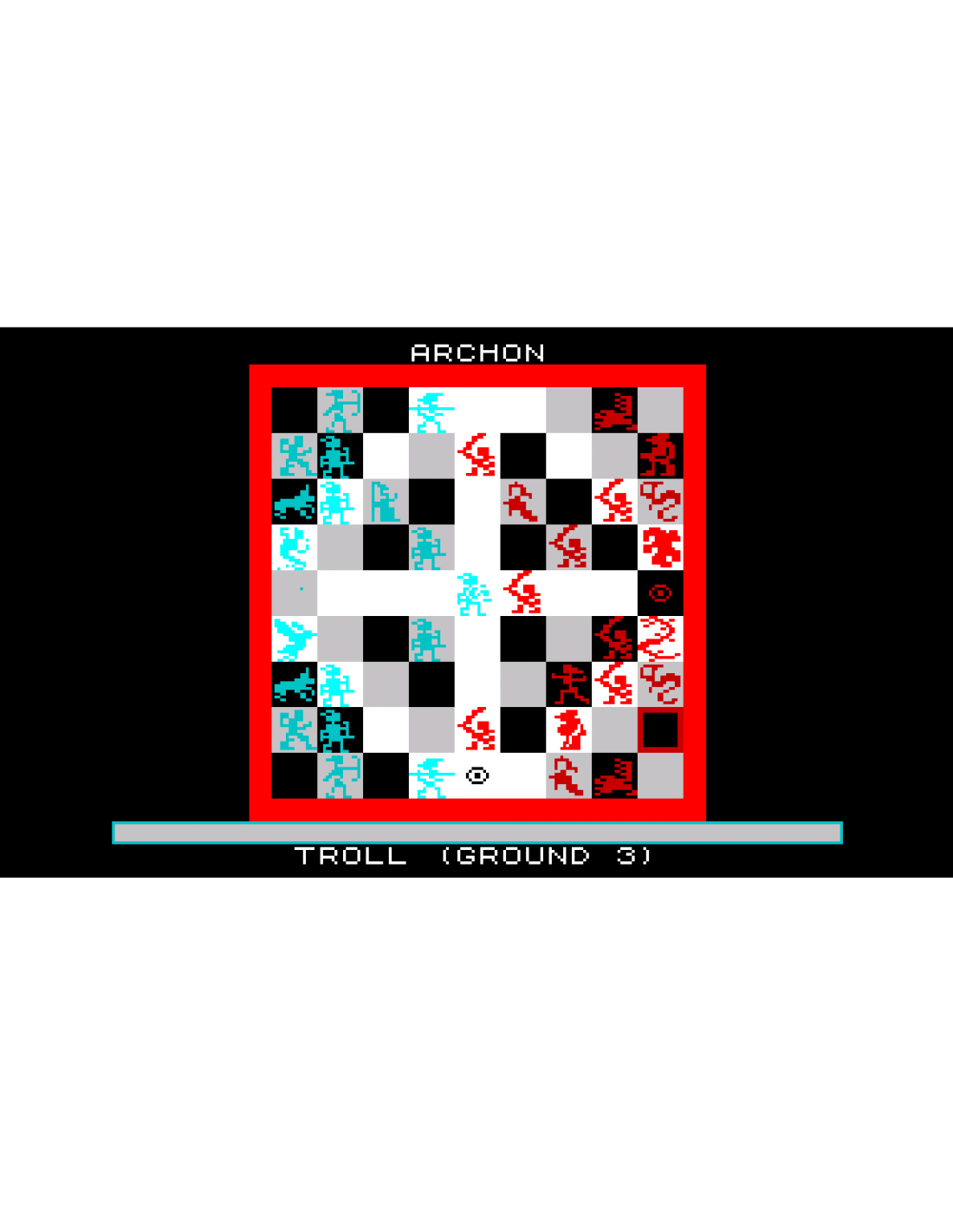 Tablero de juego Archon con figuras rojas y azules en casillas blancas y negras.