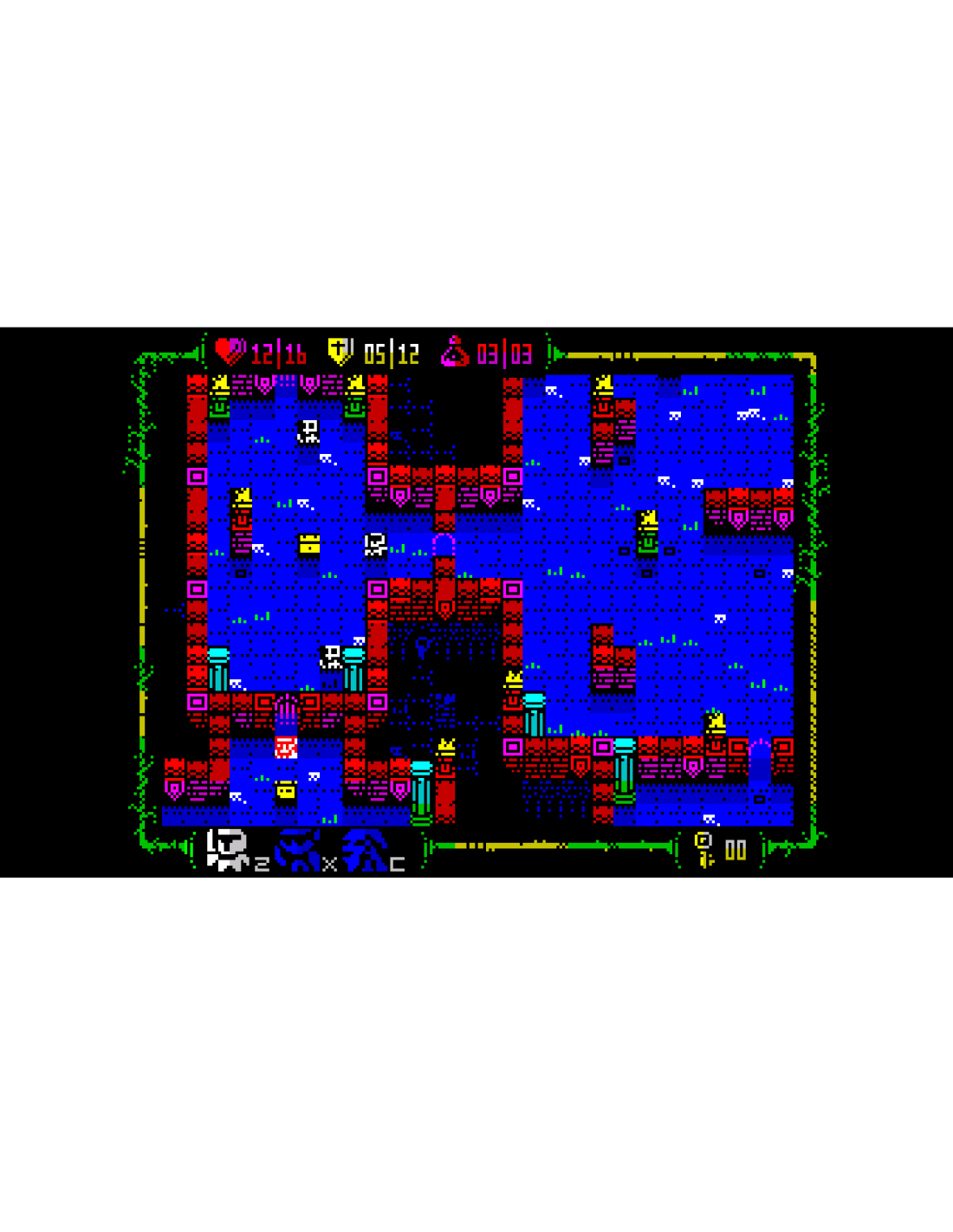 Pantalla de juego pixelada con estructuras azules y rojas, personajes y pantallas.