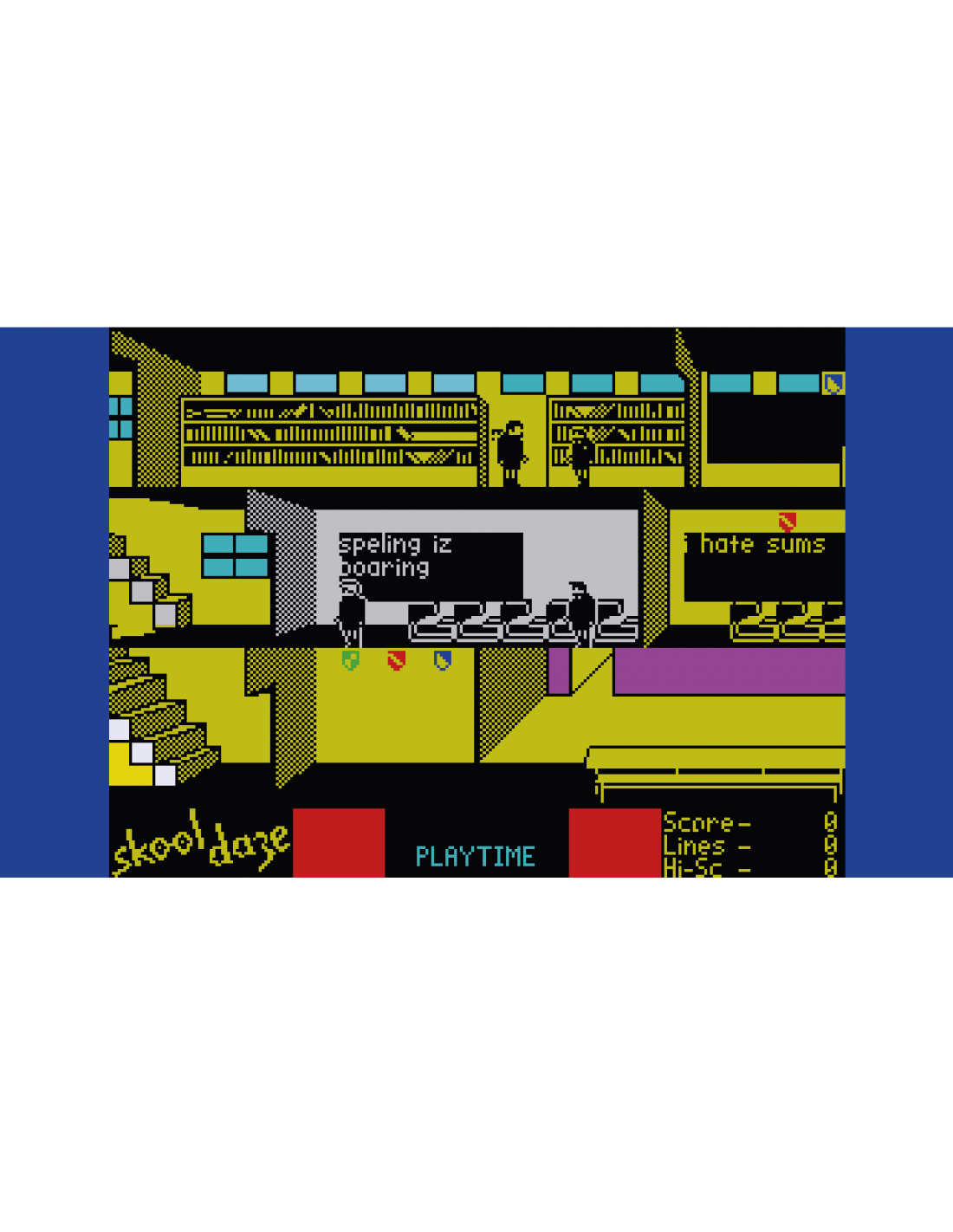 Un juego de computadora de 8 bits muestra una escena escolar con estudiantes y cuadros de texto.