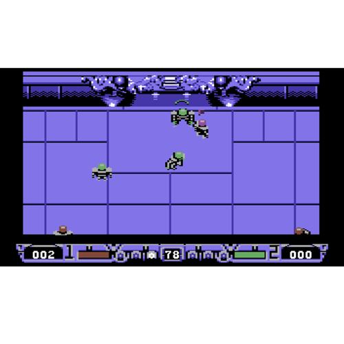 Un videojuego retro con suelo morado y figuras azules en combate.