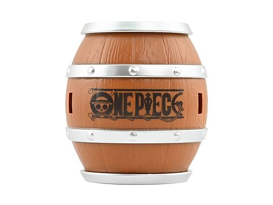 Un barril de madera marrón con bandas plateadas y el logo de One Piece.