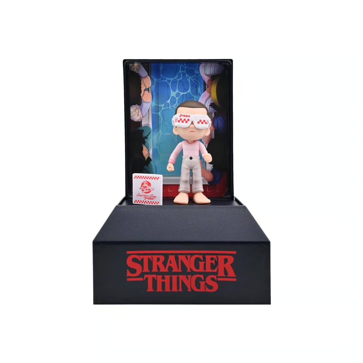 Figura de Stranger Things con caja de pizza y fondo de piscina.
