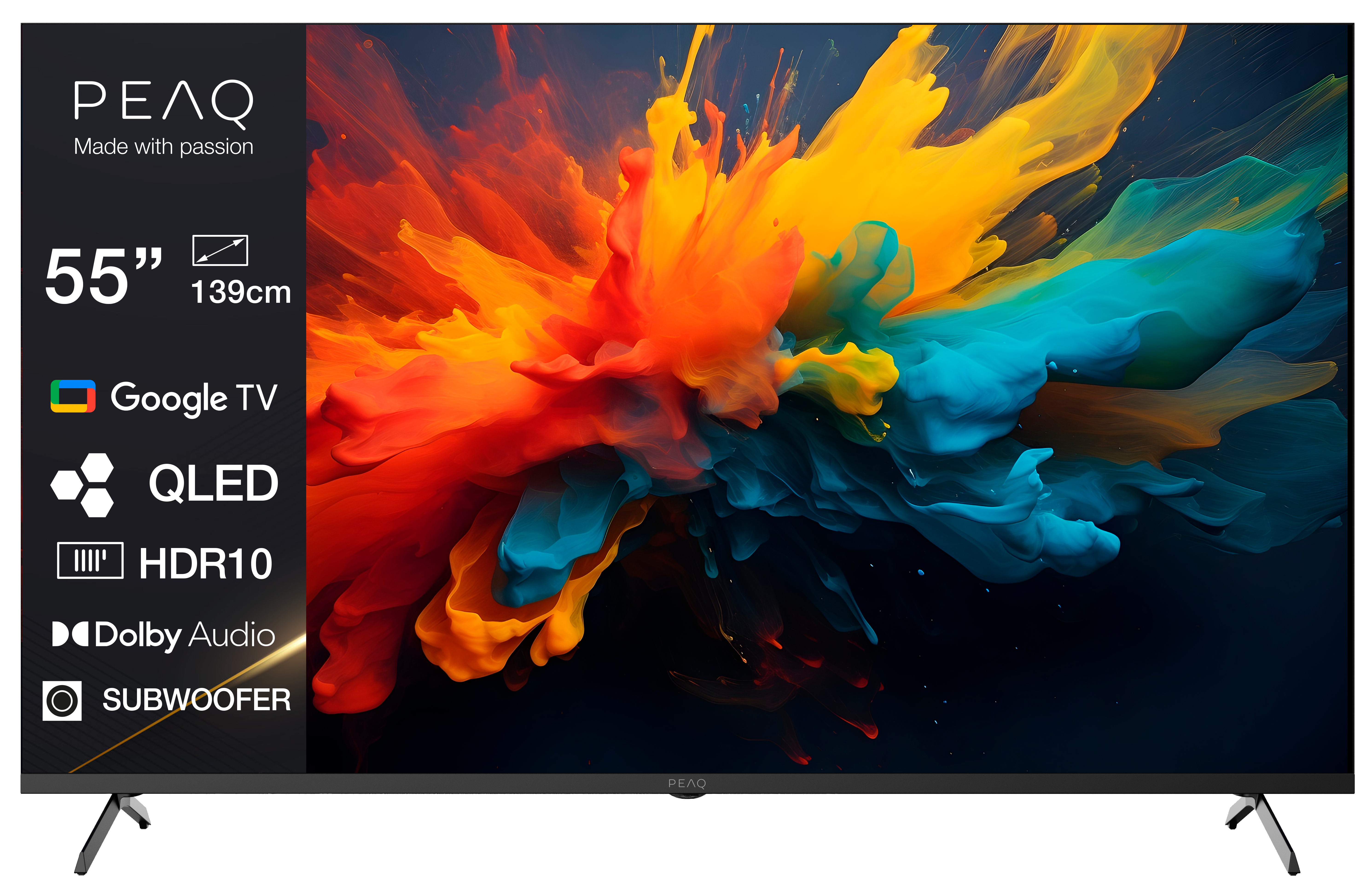 PEAQ 55" QLED TV mit Google TV, HDR10, Dolby Audio, Subwoofer.