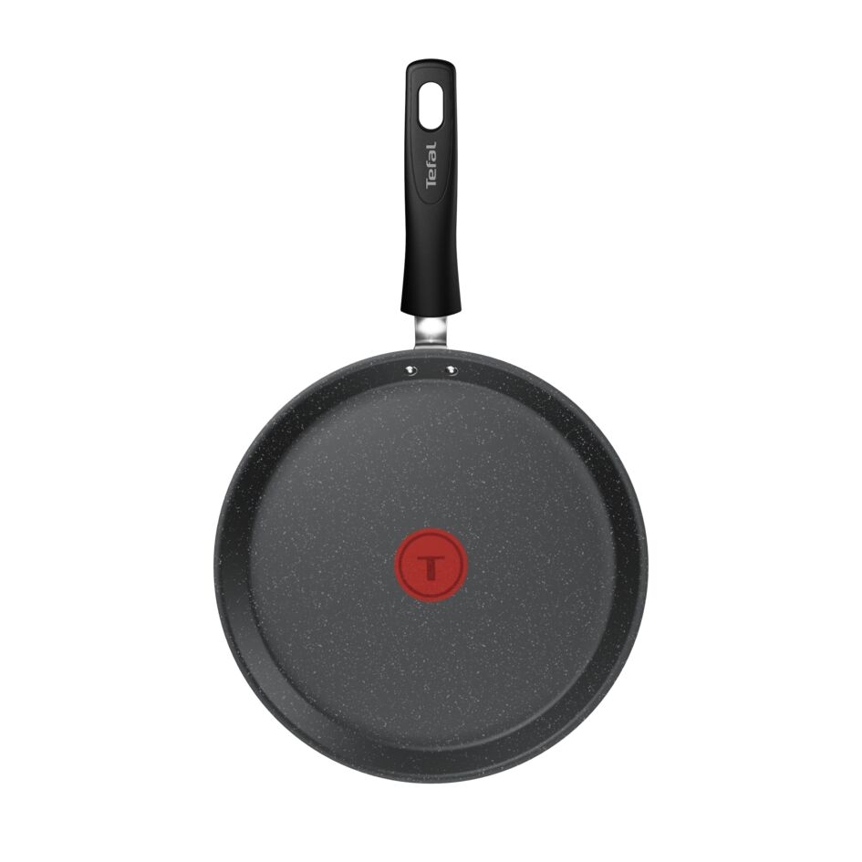 Siyah saplı ve kırmızı Thermospot göstergeli gri Tefal tava.