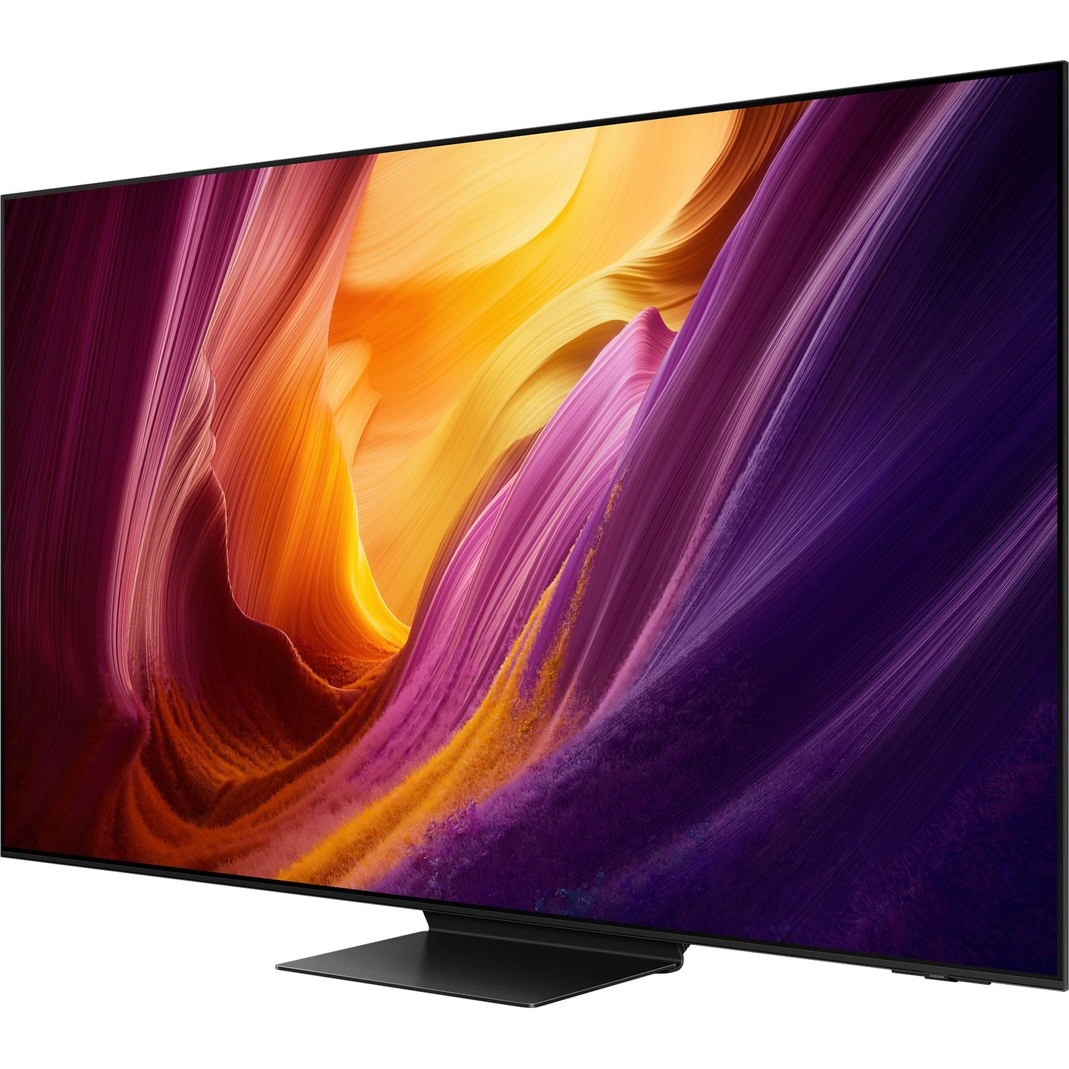 A black television displaying a colorful abstract wallpaper.