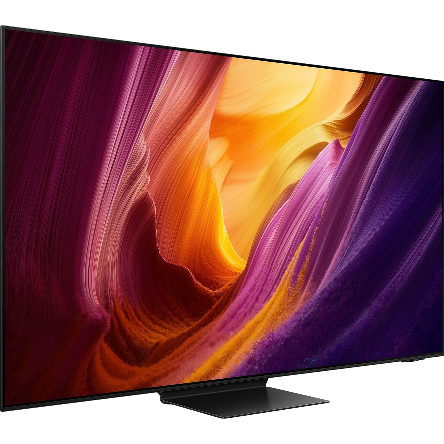A modern black television displaying an abstract, colorful wallpaper.