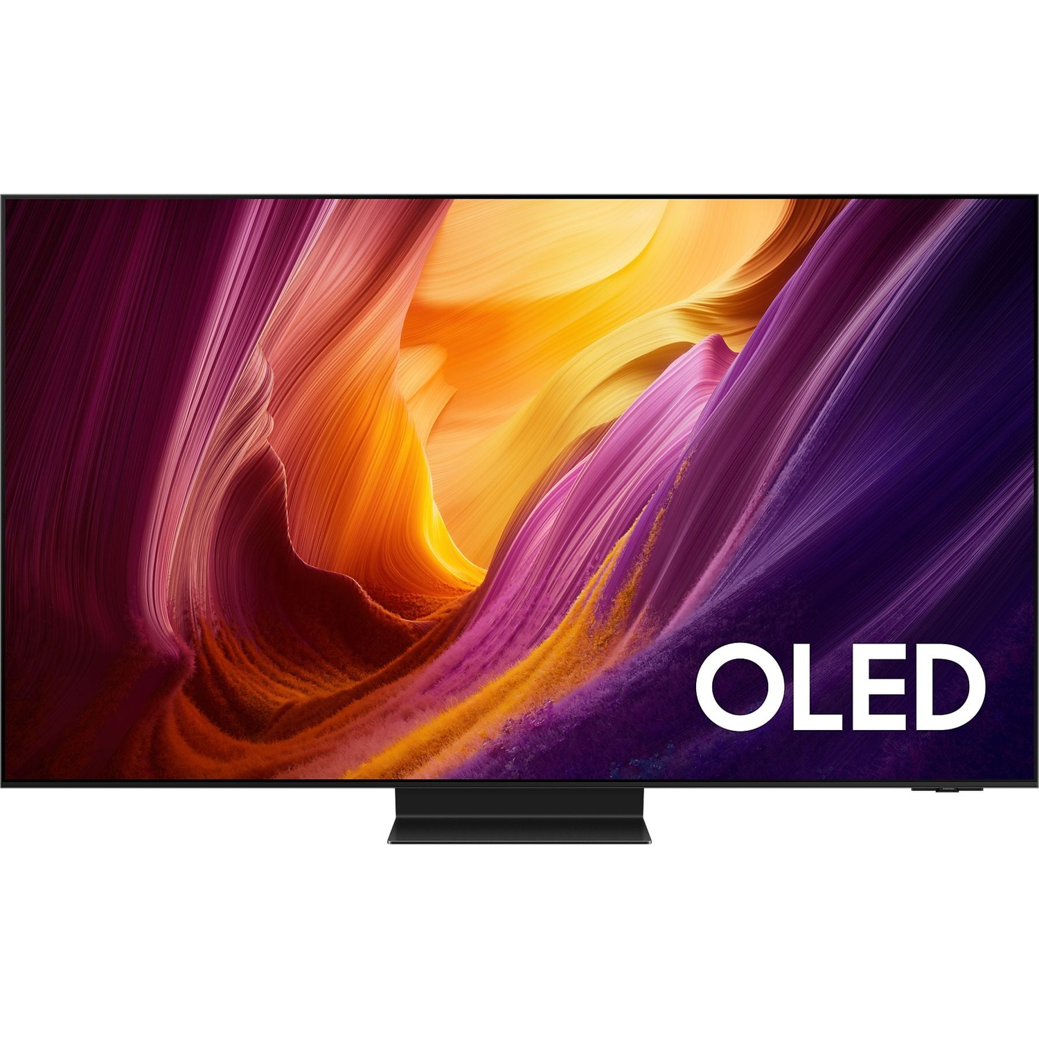 A modern black OLED TV displaying a vibrant, abstract wallpaper. Minimalist stand.