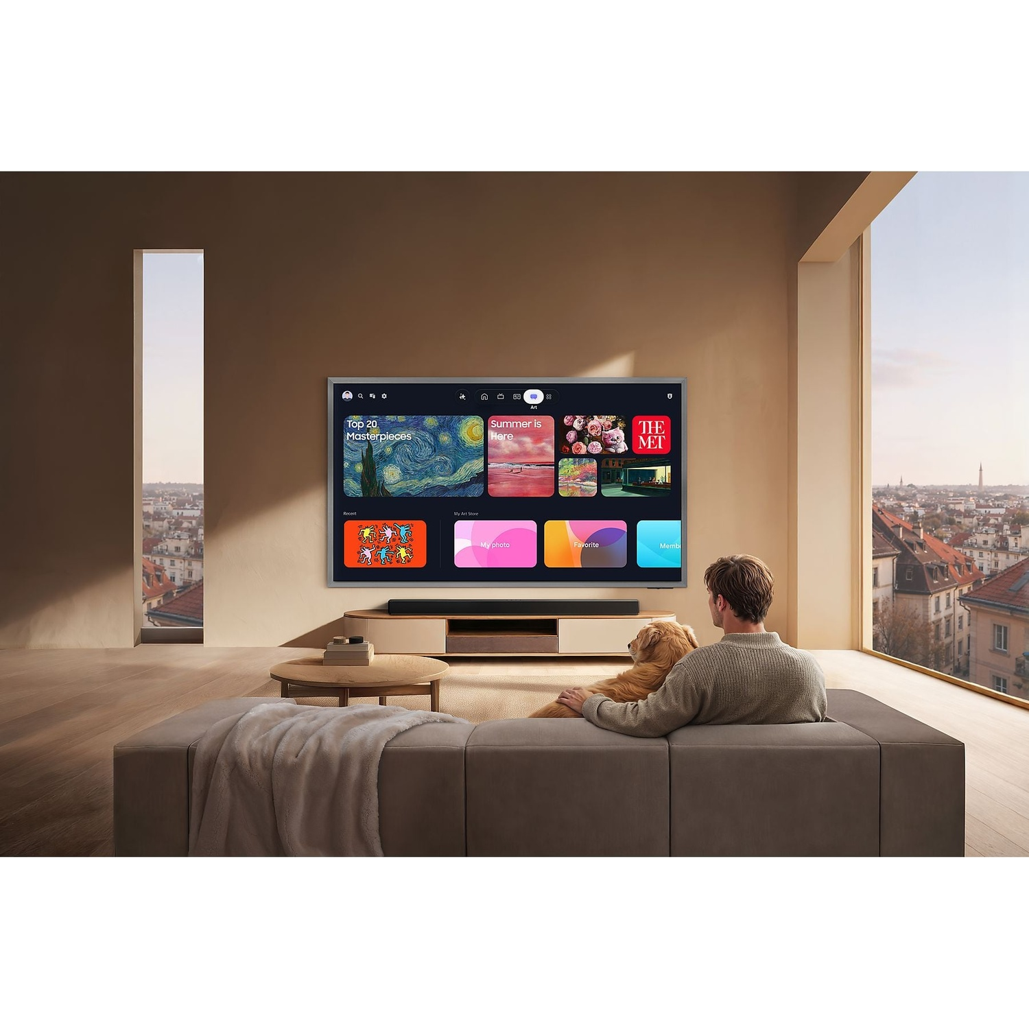 Man and dog on sofa watching TV displaying art app. City view through window.
