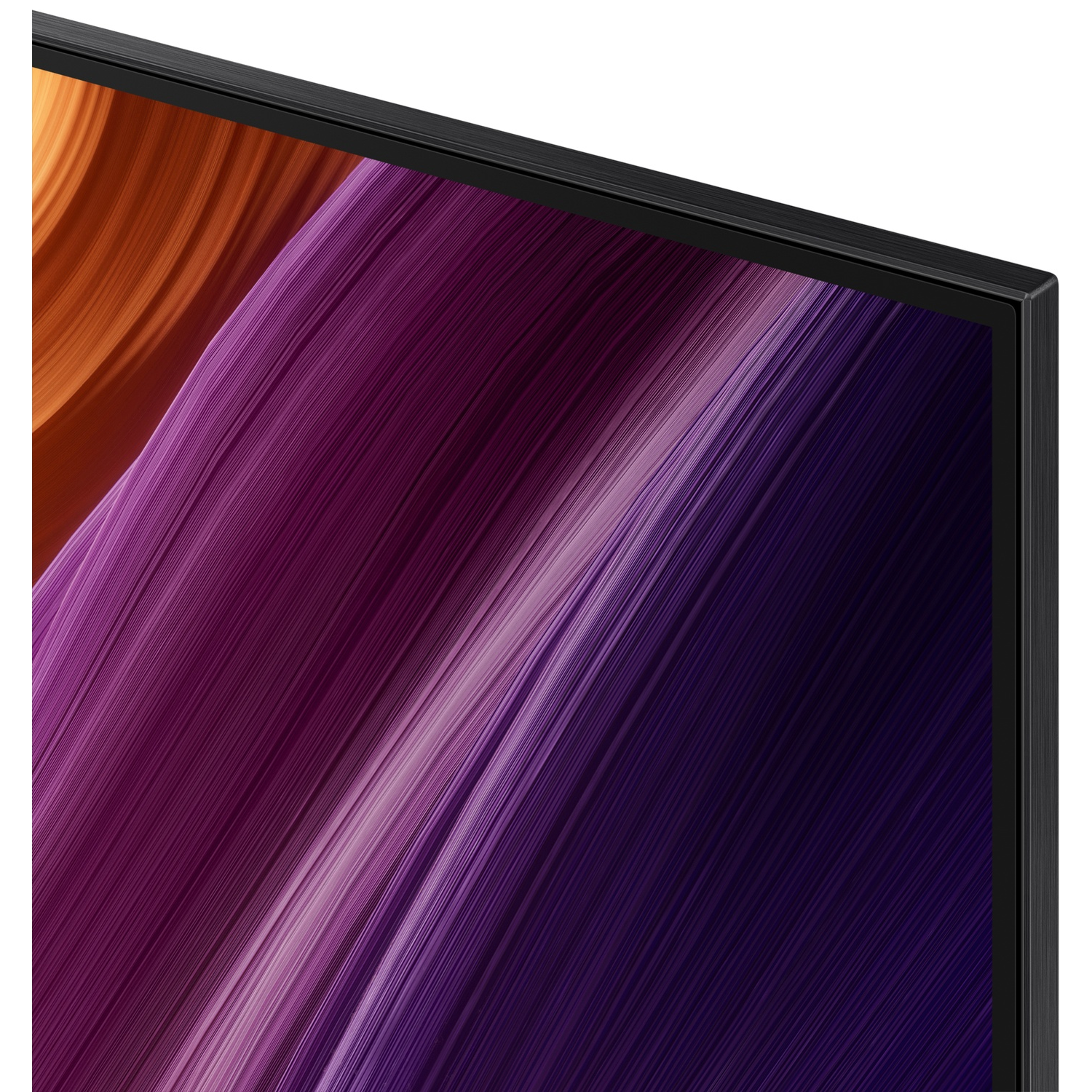Close-up of a TV screen displaying an abstract pattern of orange and purple lines.