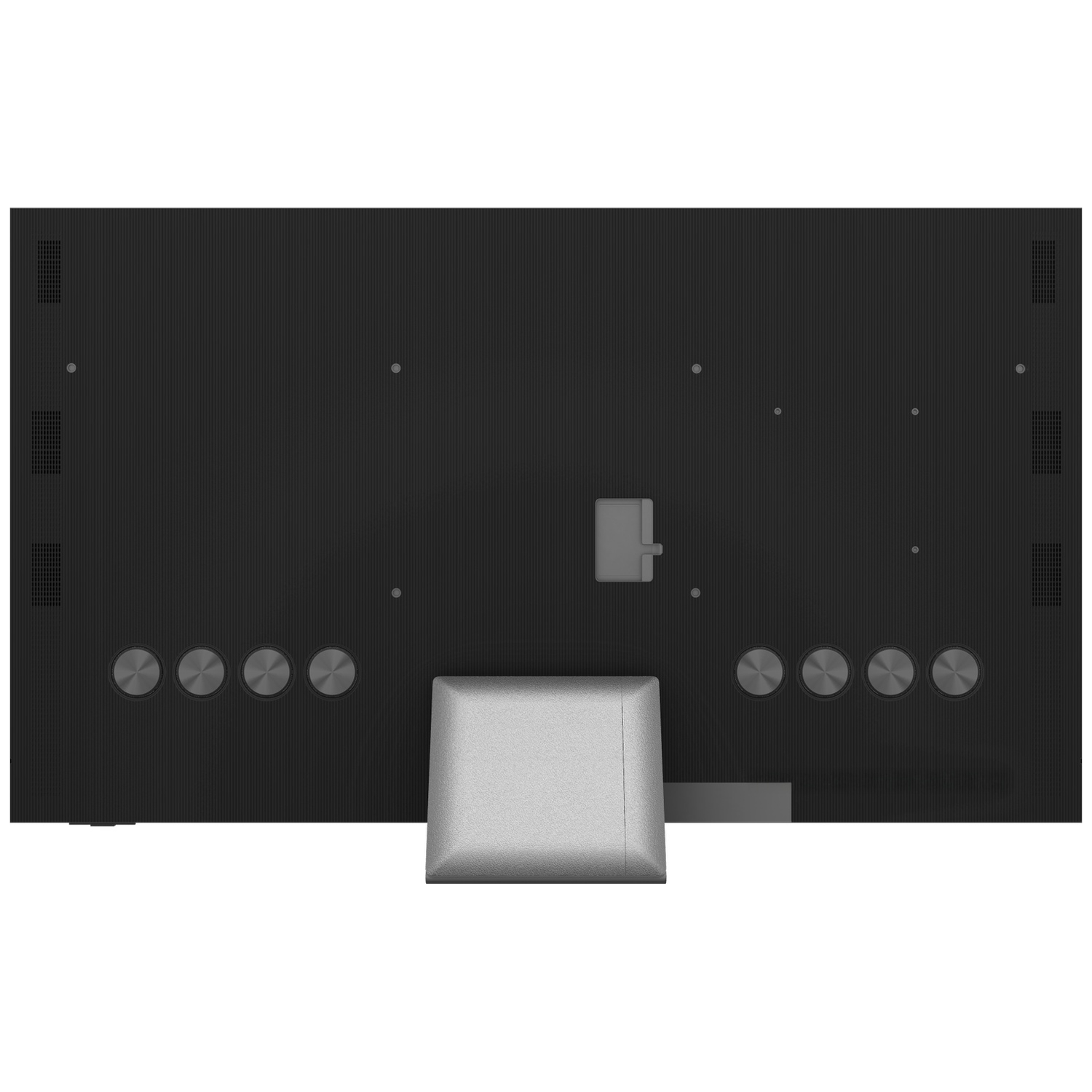 Back view of a black TV with a silver stand and control buttons.