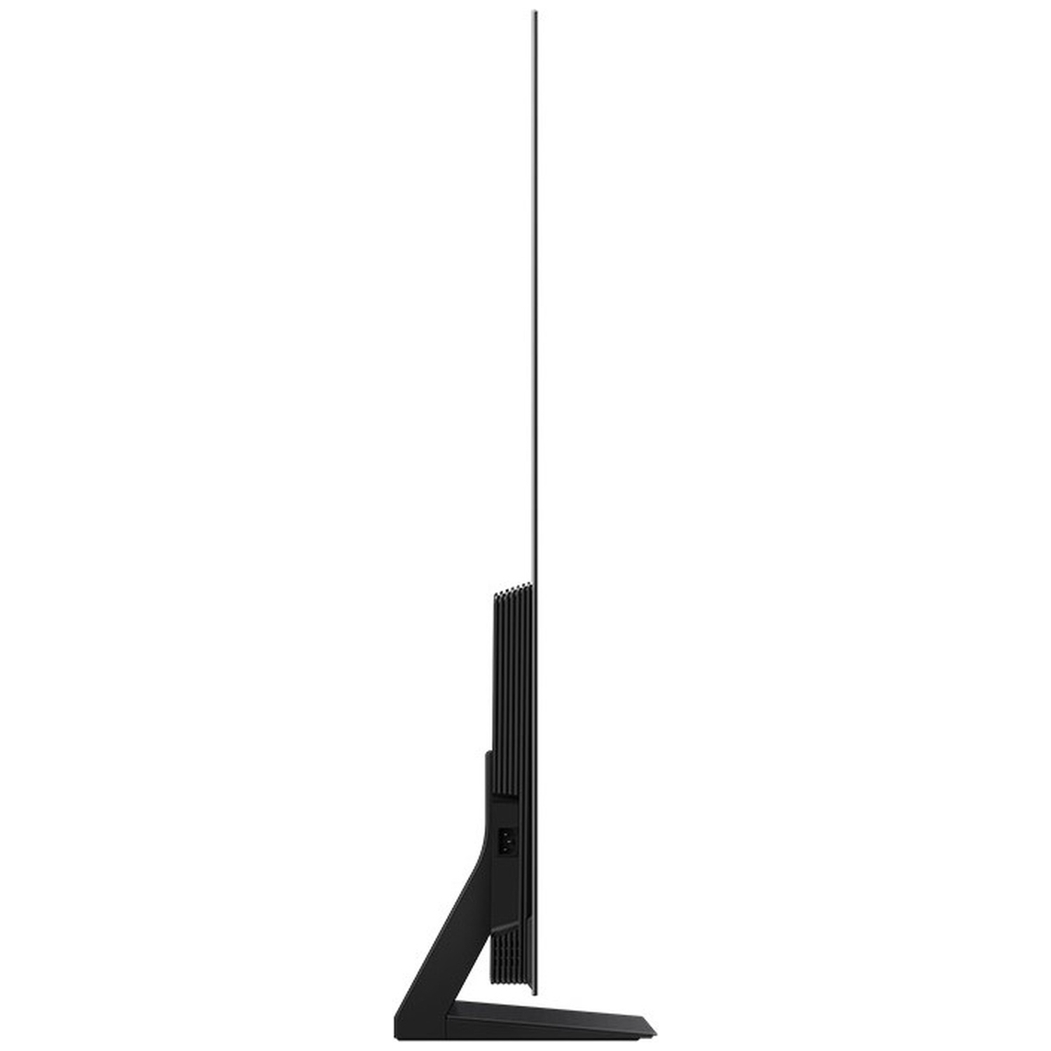 Black, ultra-slim TV on a stand, viewed from the side.