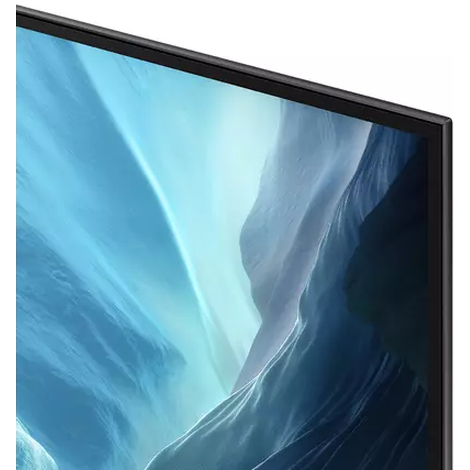 Abstract blue and white mountain landscape displayed on a TV screen.