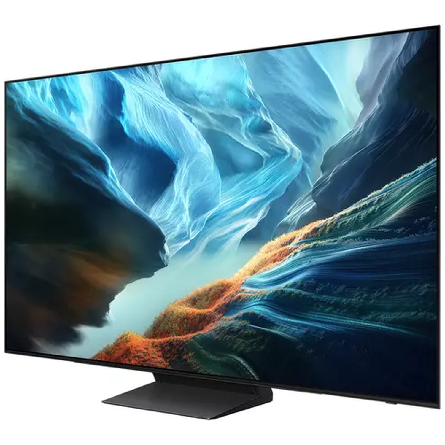 A modern TV displaying an abstract image of blue and orange rock formations.