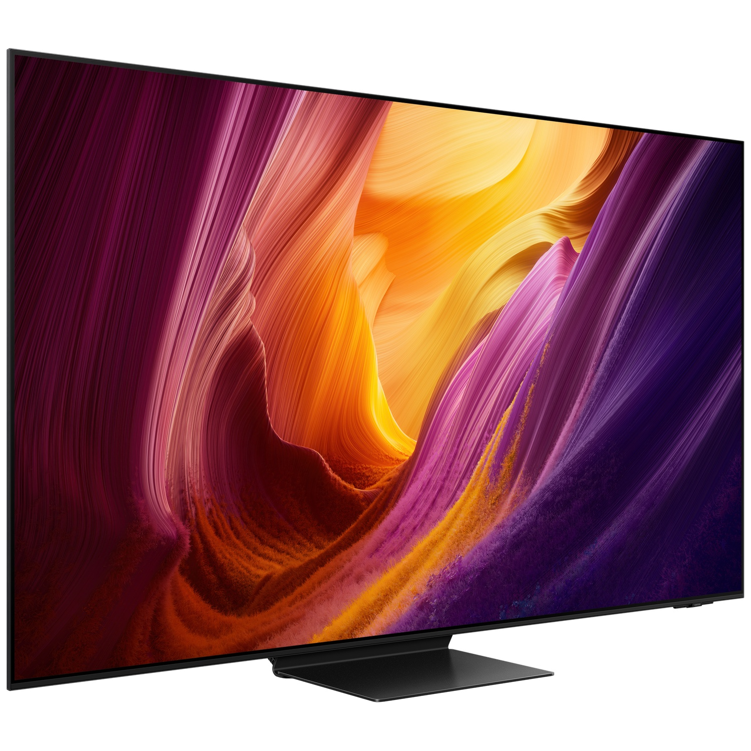 Een moderne televisie met zwarte standaard, met een kleurrijk abstract beeld.