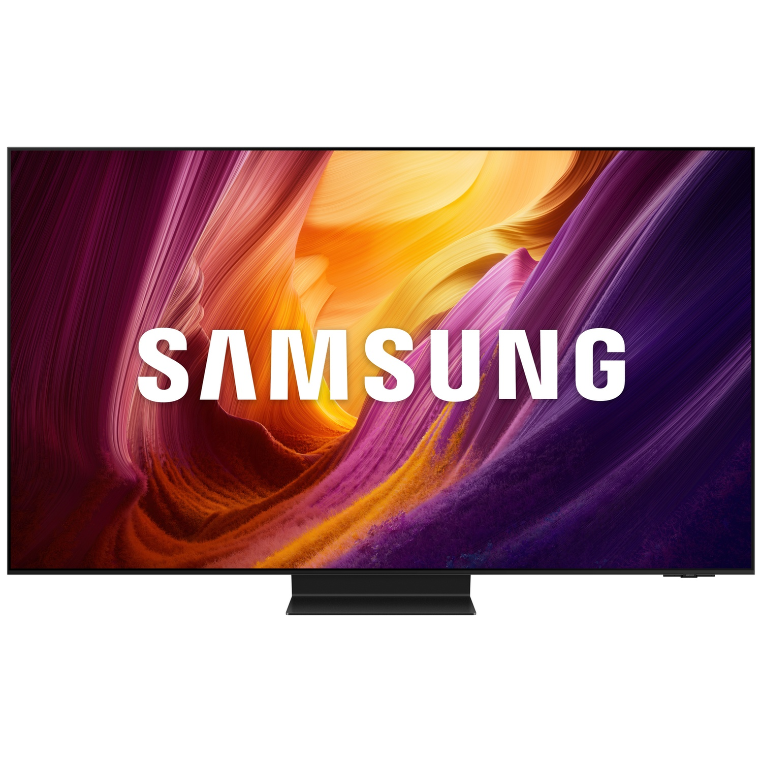 A Samsung TV displaying a colorful abstract background with the Samsung logo.