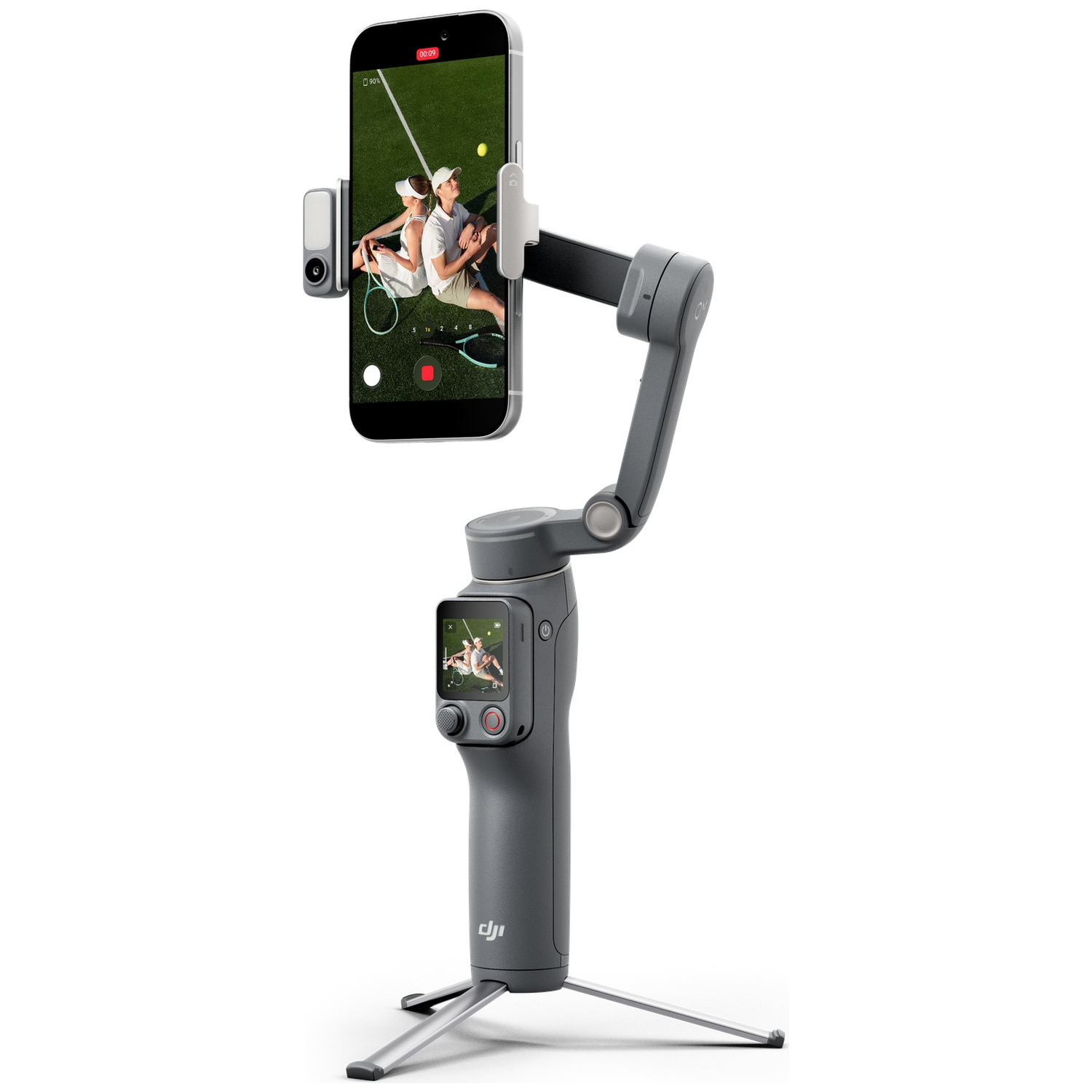 Grijze gimbal met smartphone, toont een tenniskoppel.