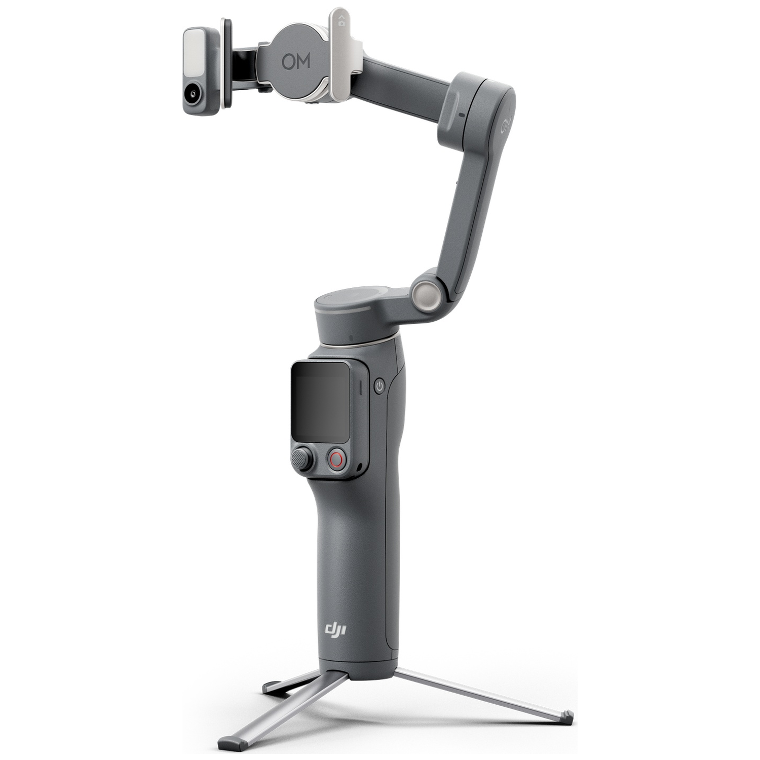 Een grijze DJI gimbalstabilisator met ingebouwde statief en telefoonhouder.