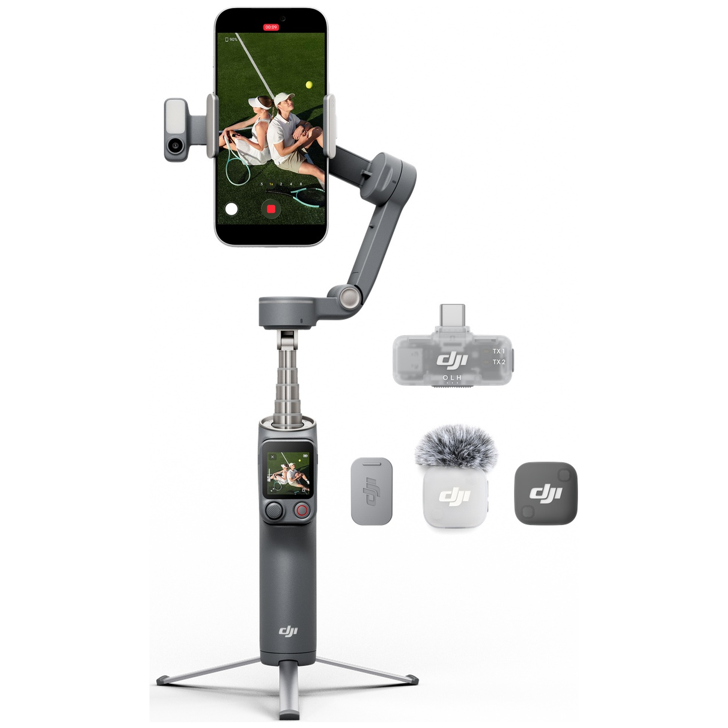 DJI stabilizer met smartphone, microfoons en accessoires op witte achtergrond.