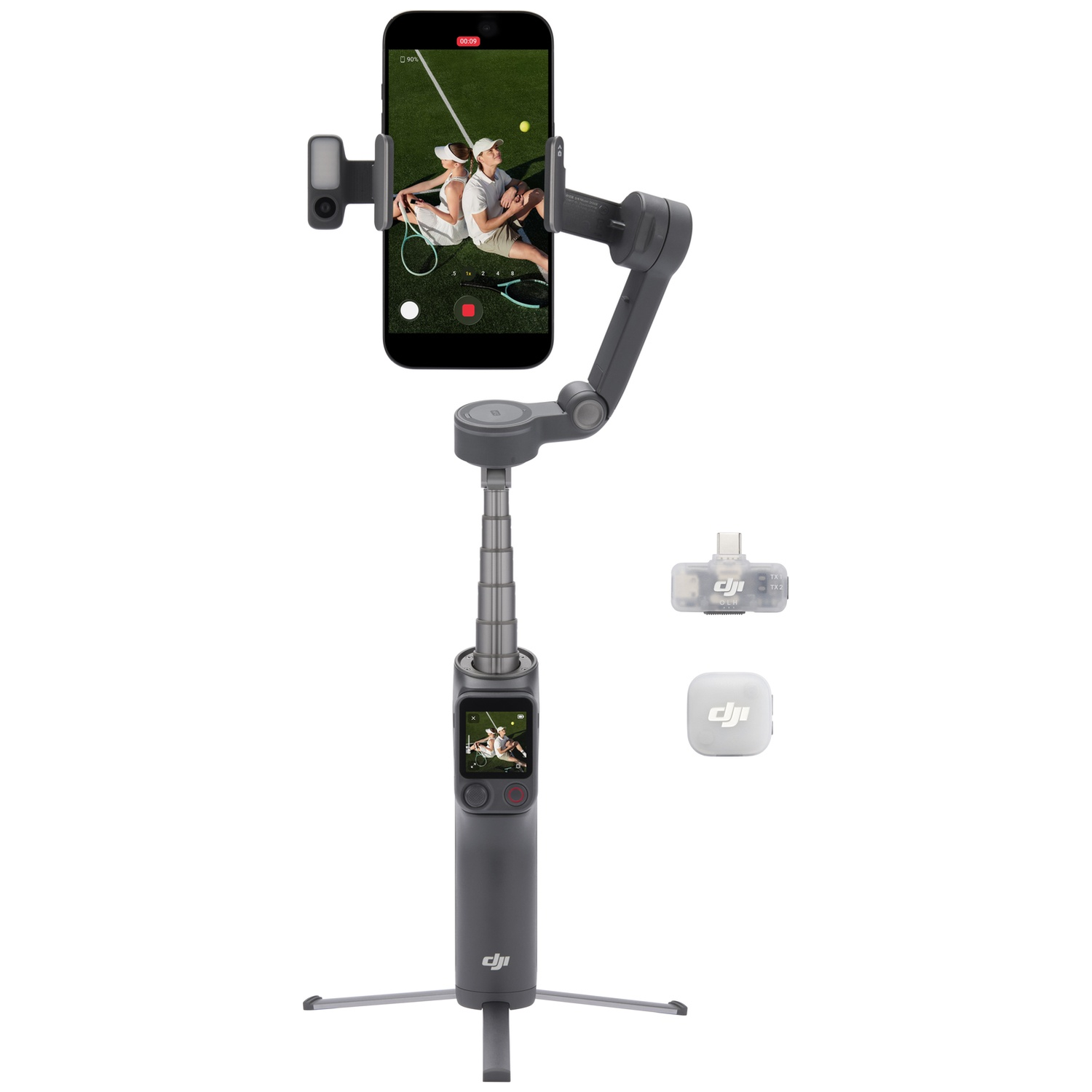 Een gimbal met een smartphone die een tenniswedstrijd toont, en accessoires.