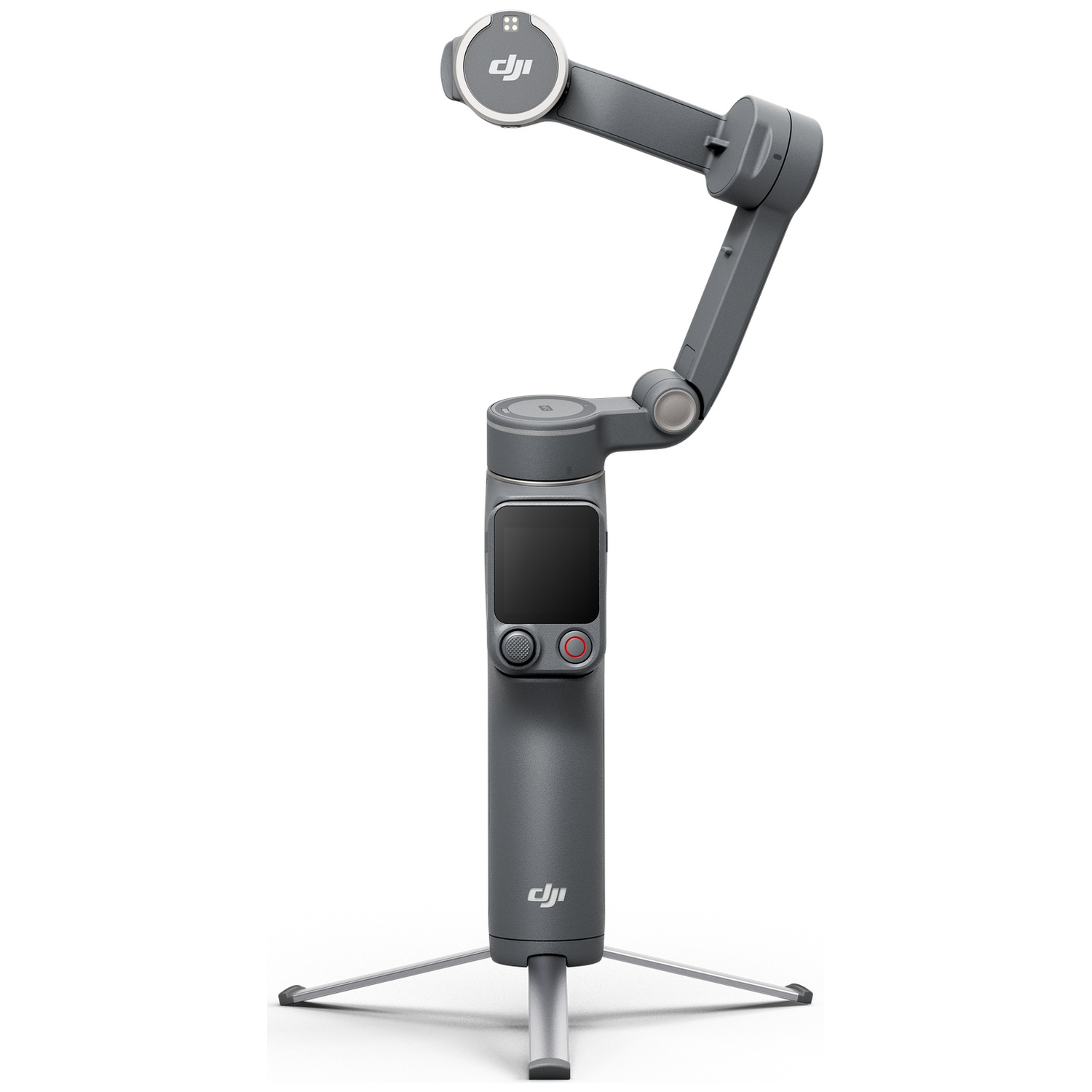 Een grijze DJI gimbal met een klein scherm en een uitschuifbaar statief.