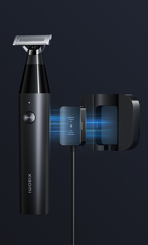 Egy fekete Xiaomi elektromos borotva vezeték nélkül töltődik sötét háttéren.
