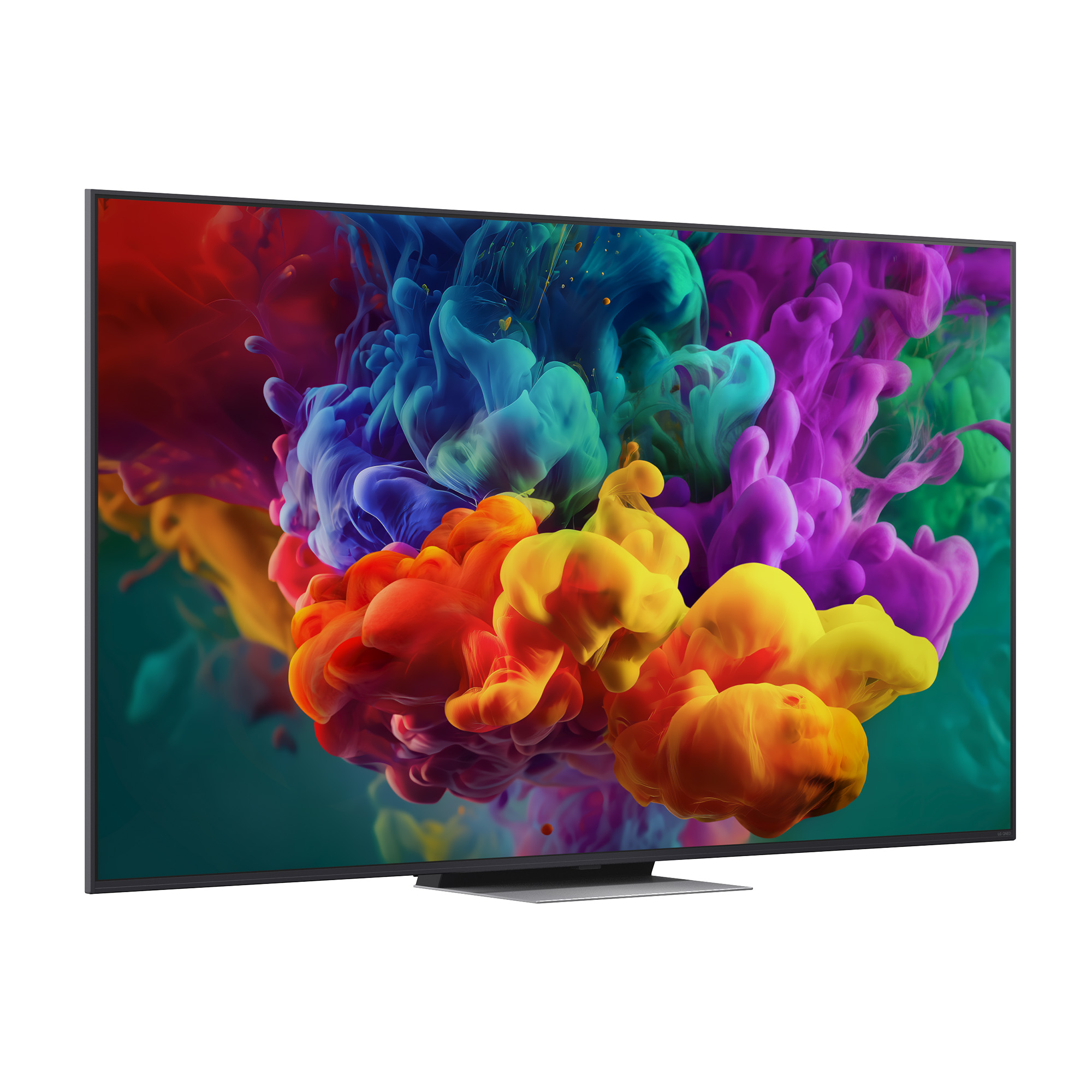 Un televisor moderno con una vibrante explosión de tinta colorida en agua.