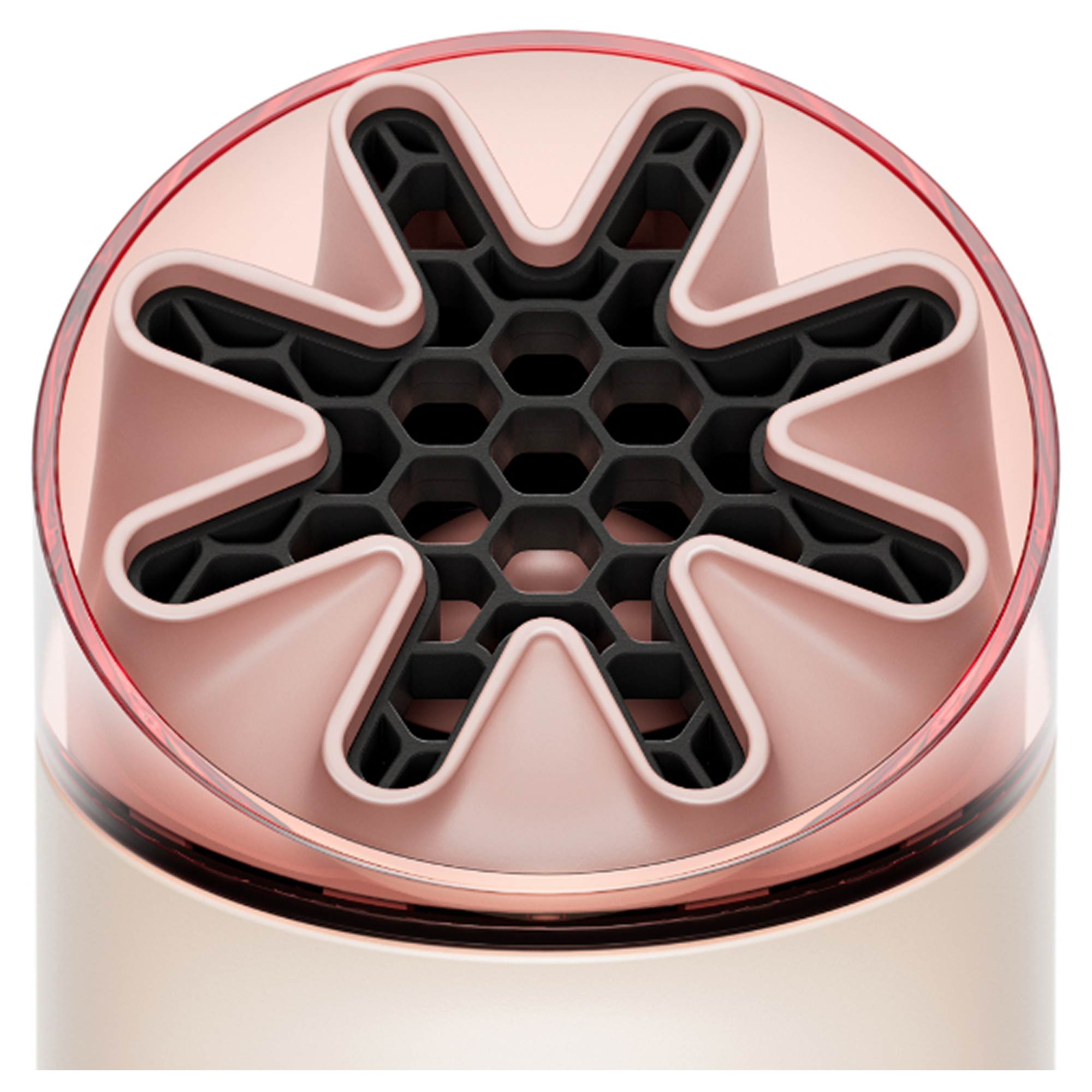Primer plano de un difusor de secador de pelo rosa dorado con accesorio de panal negro.