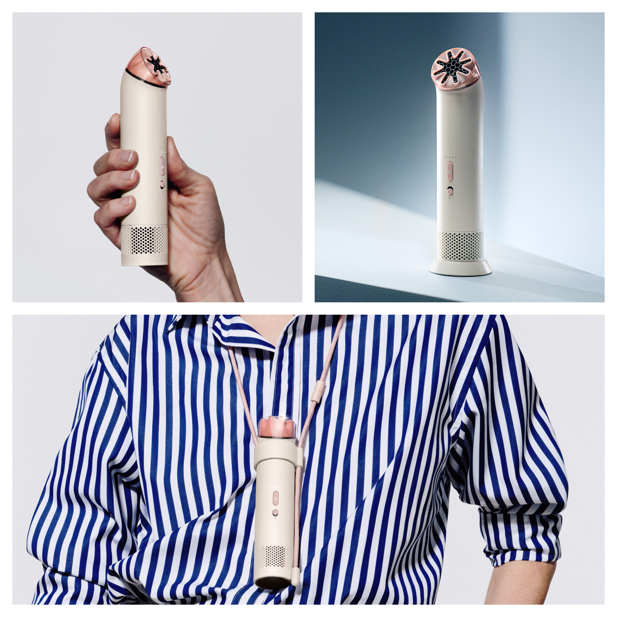Un purificador de aire portátil color crema con acentos de oro rosa se sostiene y se usa.