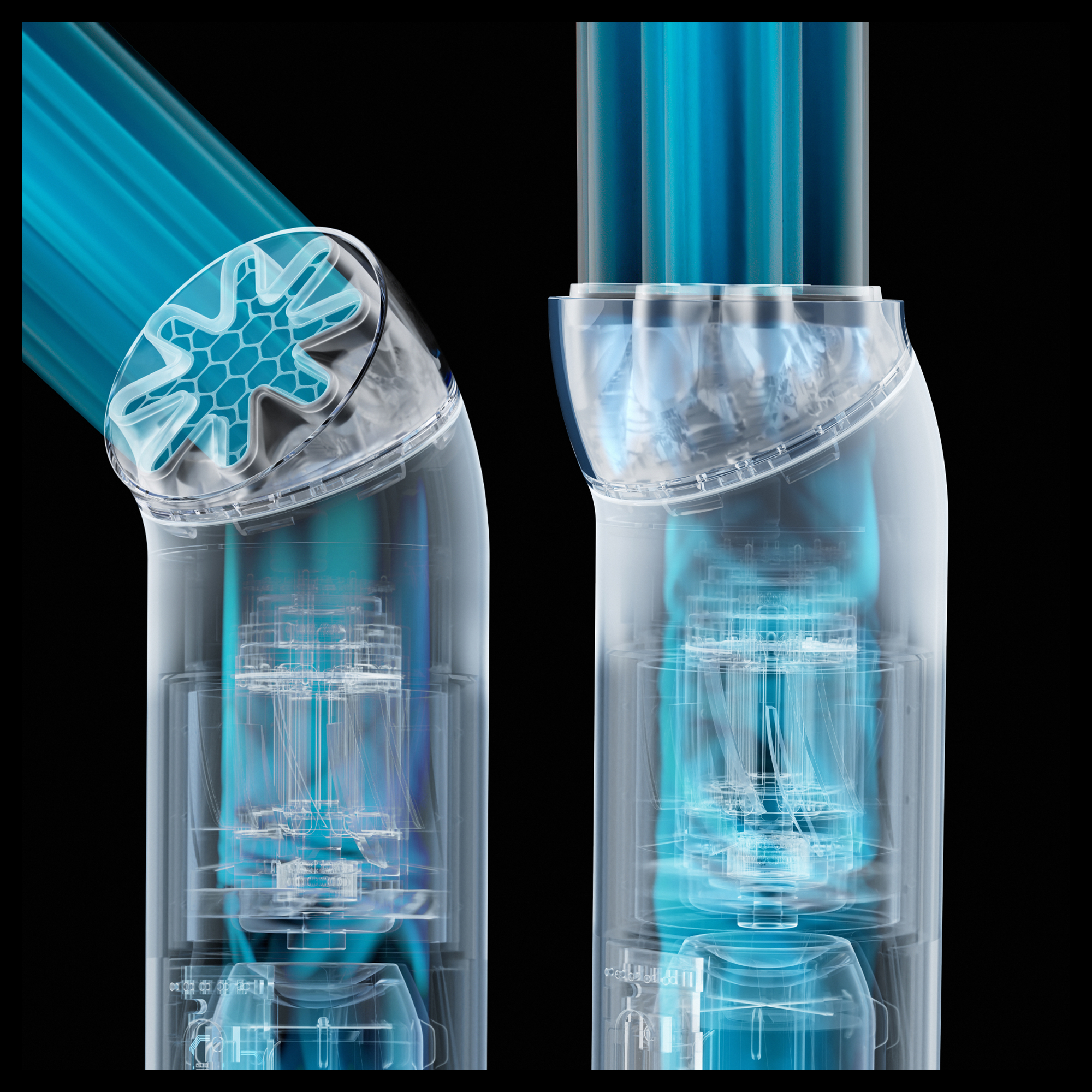 Tubos transparentes con flujo azul y partes mecánicas internas.