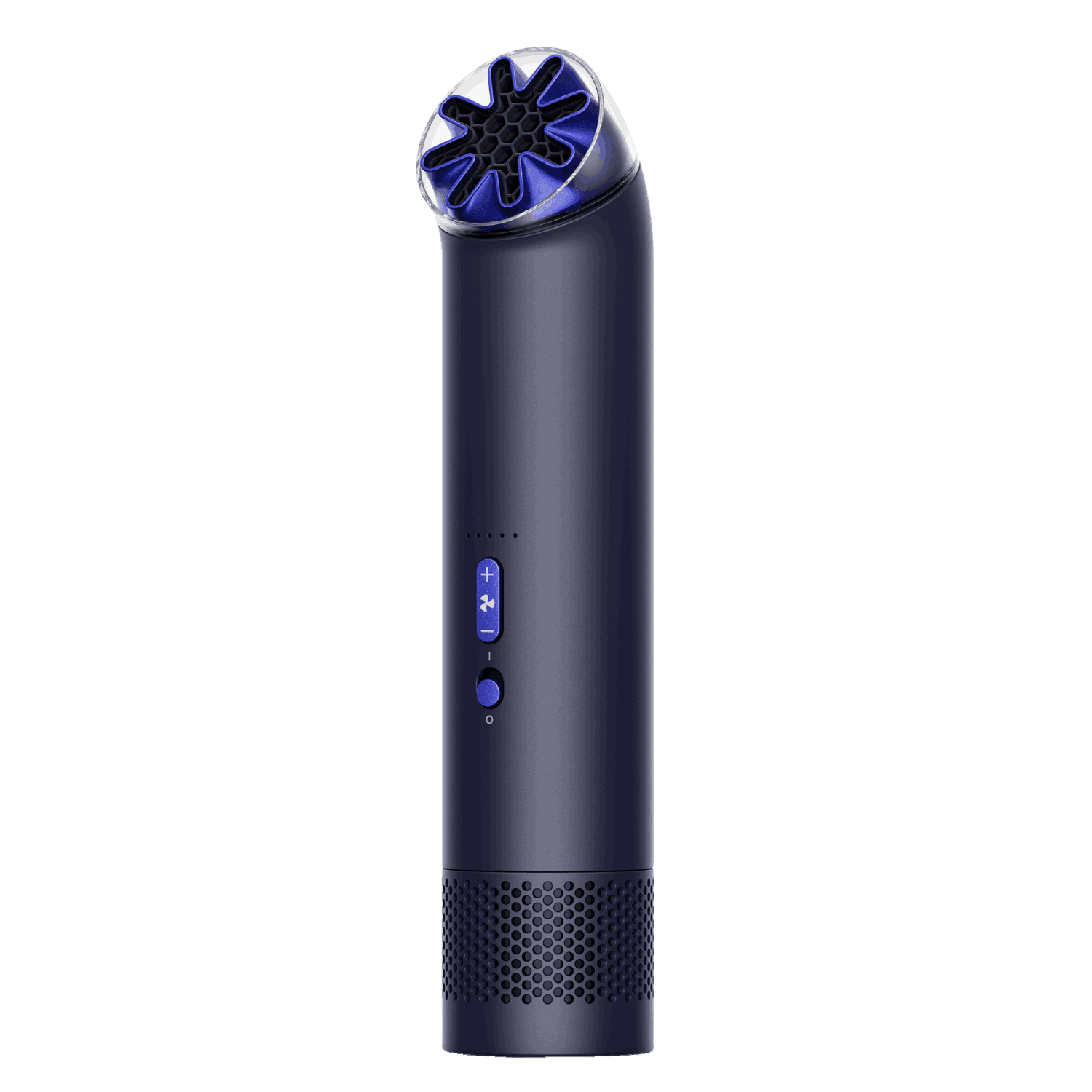 Un ventilador cilíndrico oscuro con ventilador azul y botones de control.