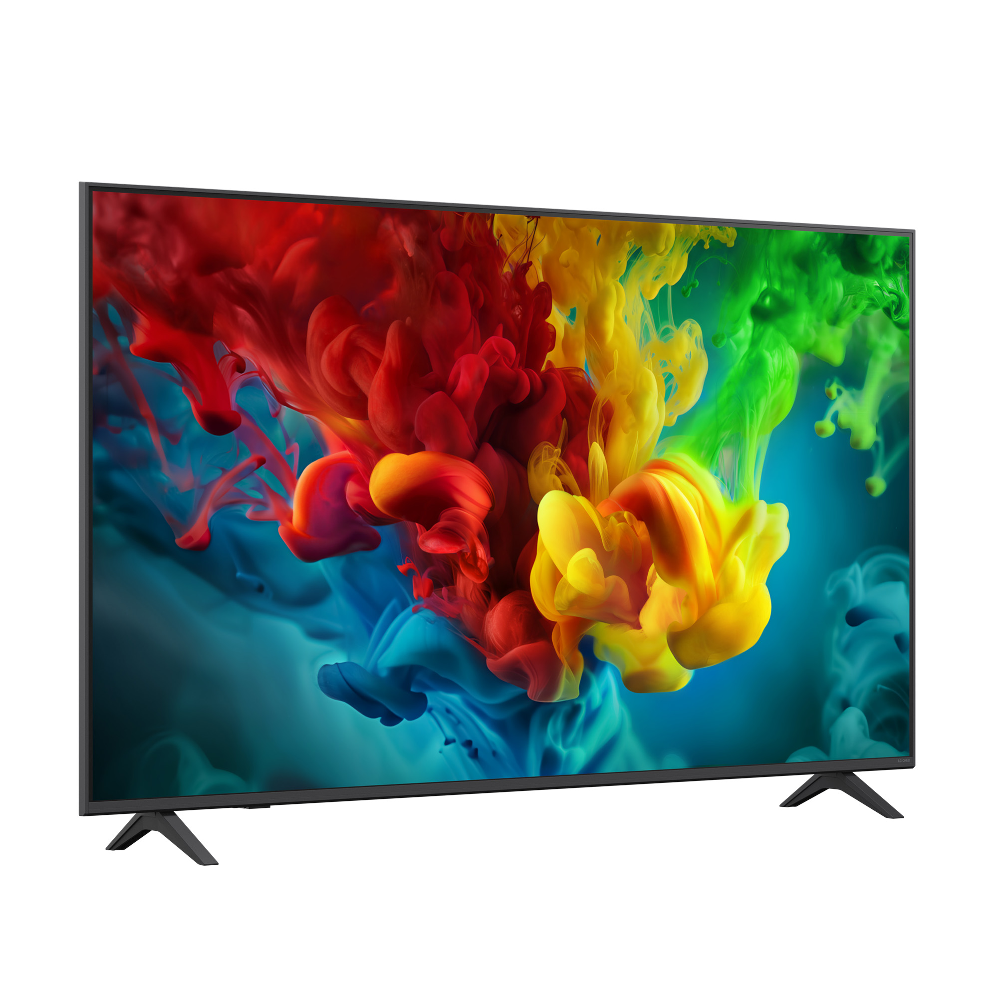Un televisor moderno con pantalla de salpicadura de tinta vibrante, sobre patas negras.