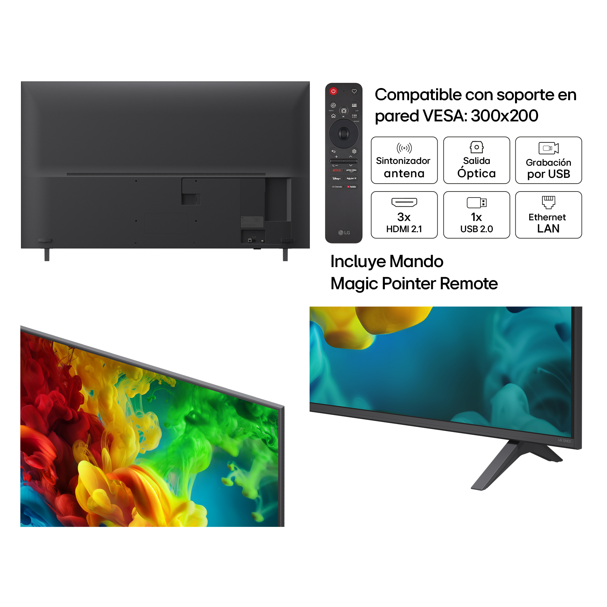 Un TV LG con Magic Pointer, soporte VESA, 3x HDMI 2.1, 1x USB 2.0.