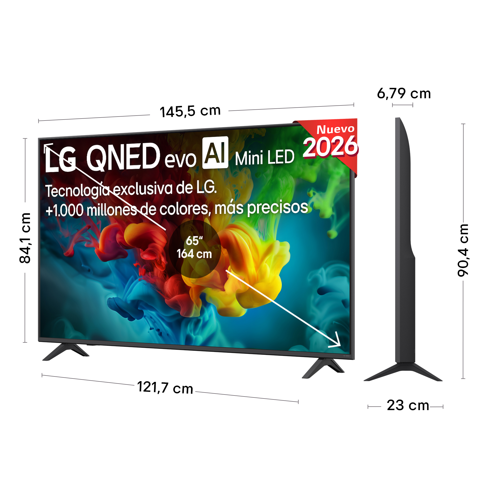 TV LG QNED evo AI Mini LED con dimensiones y detalles de tecnología de color.