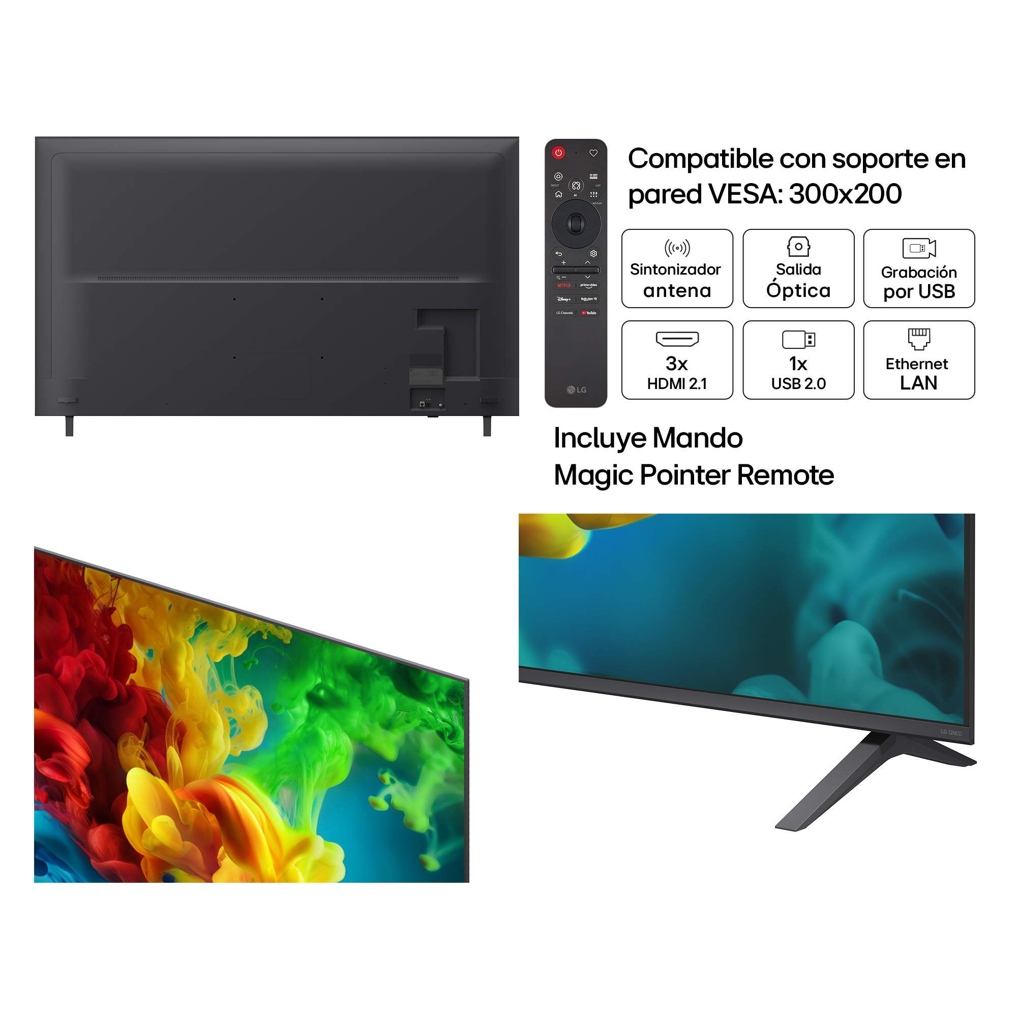 Parte trasera del TV, mando y detalles de conexión.