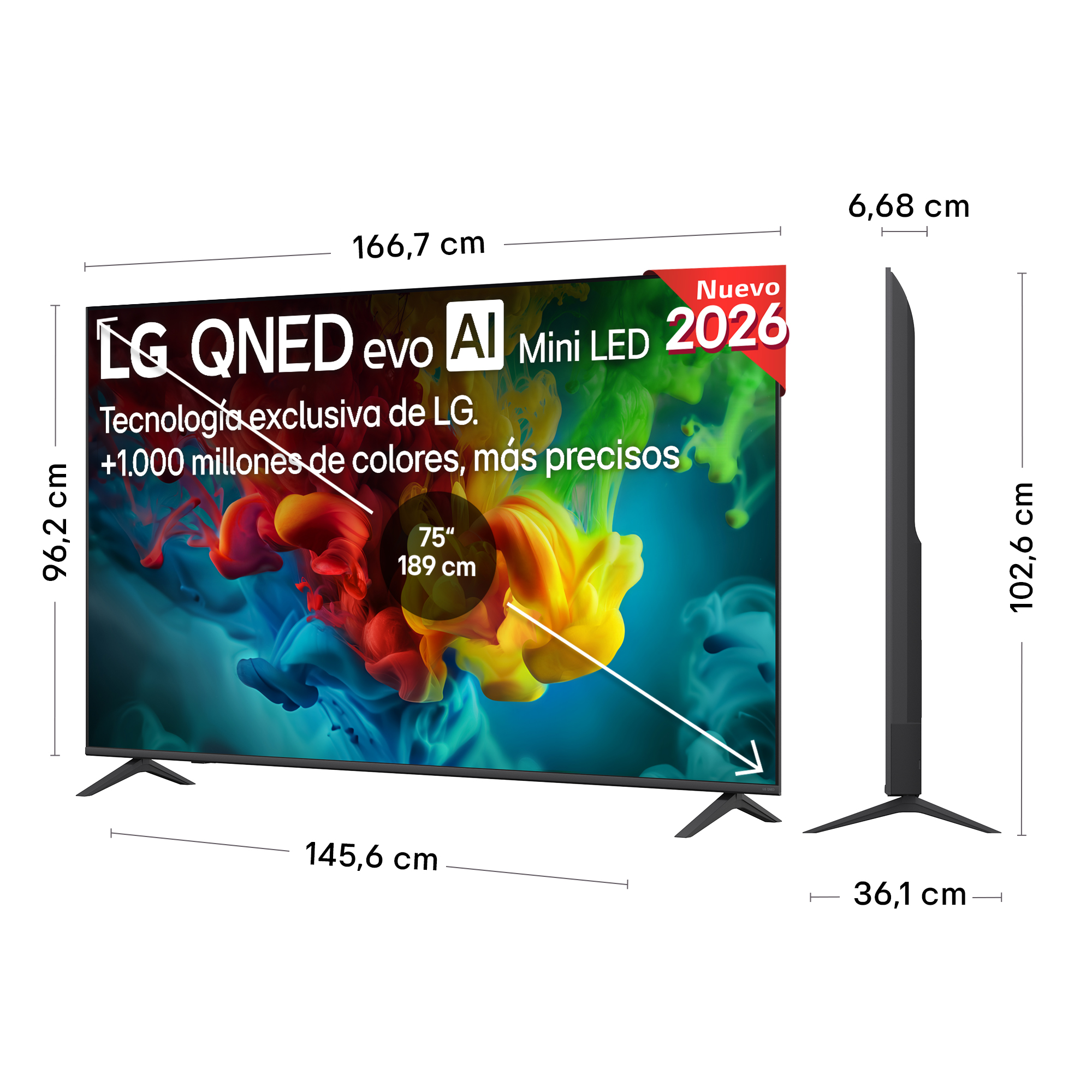 TV LG QNED 75" 2026 con IA, medidas 166,7x102,6x6,68cm.