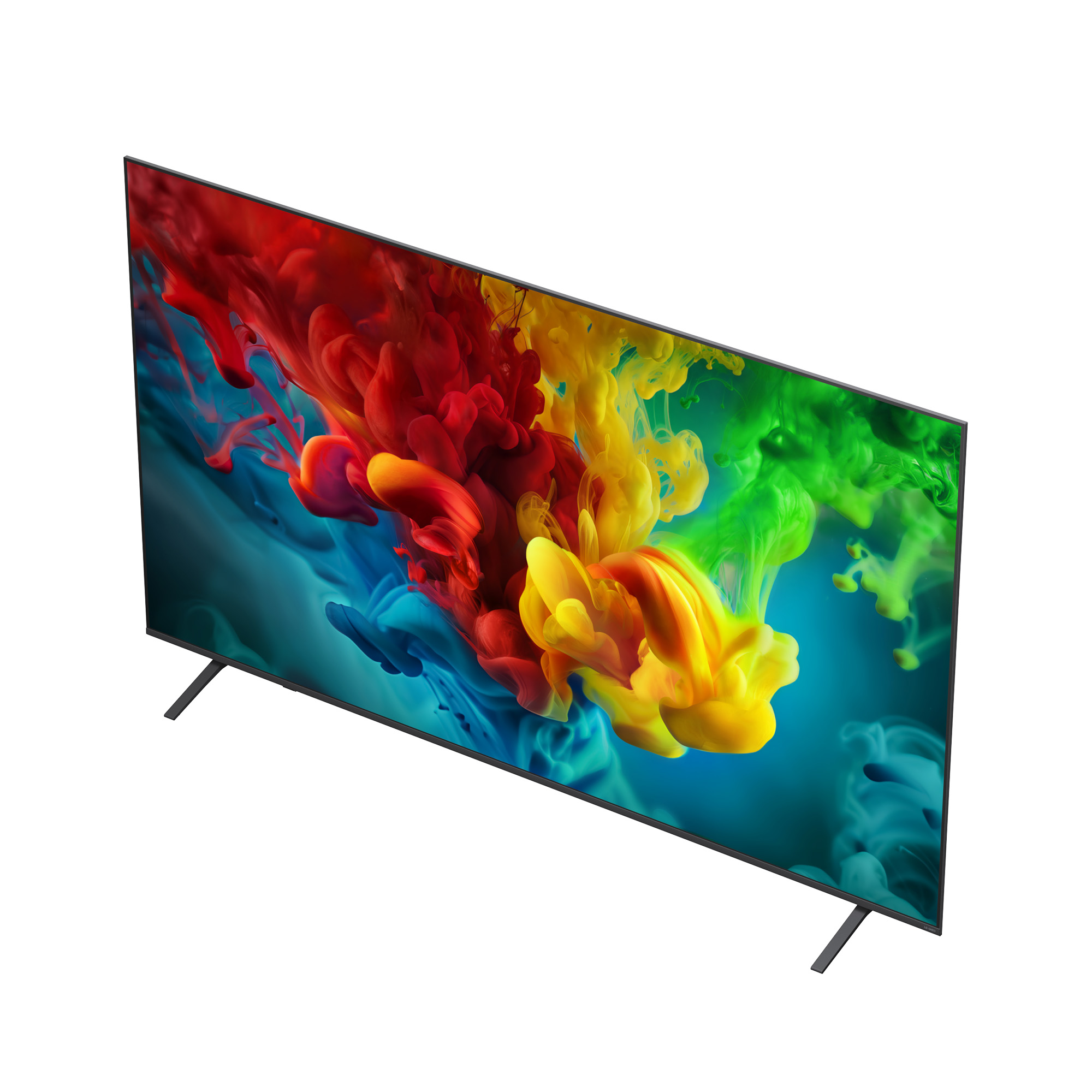 Un televisor moderno de pantalla plana con un salvapantallas de tinta de colores y base delgada.