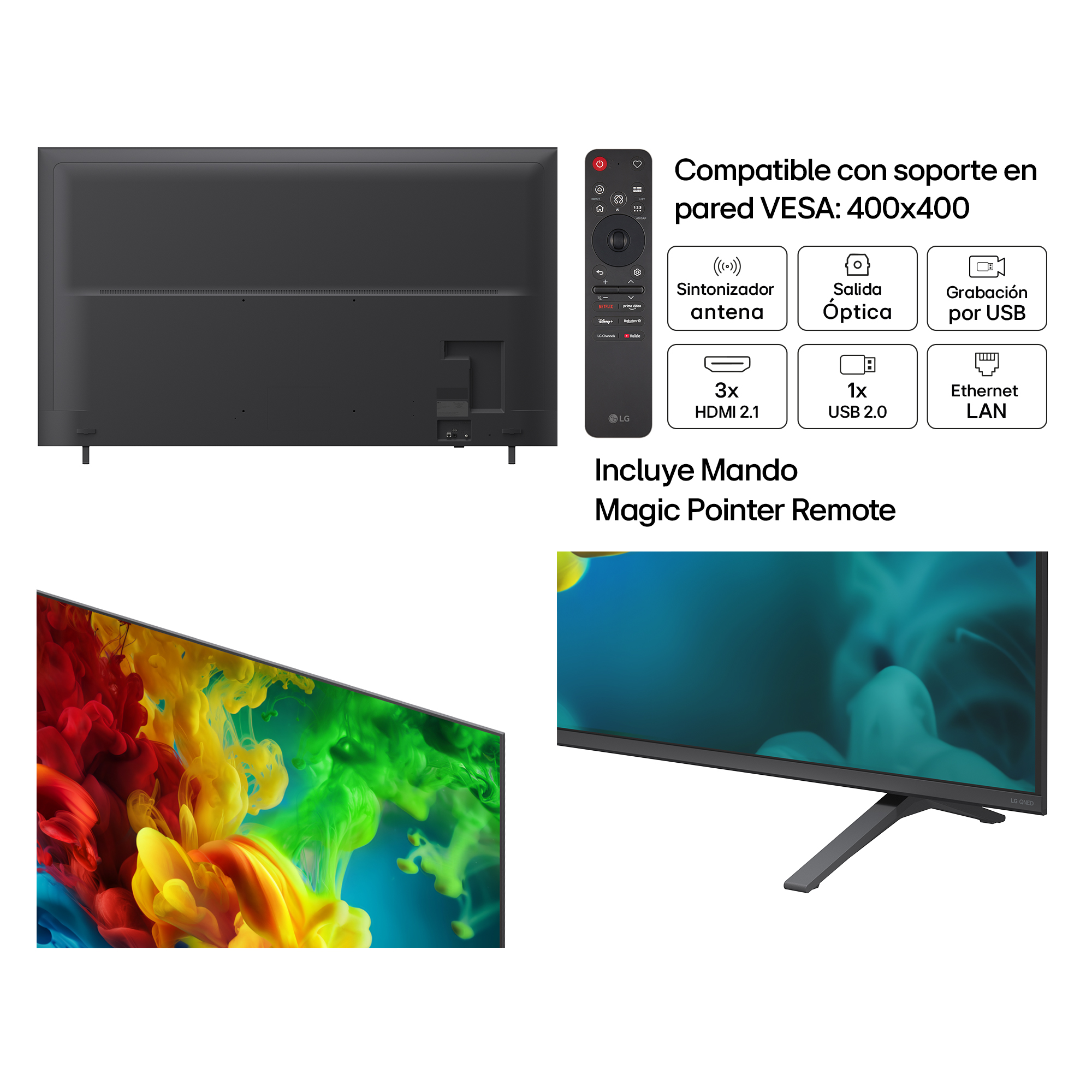 Parte trasera del TV, mando y detalles de conexión.