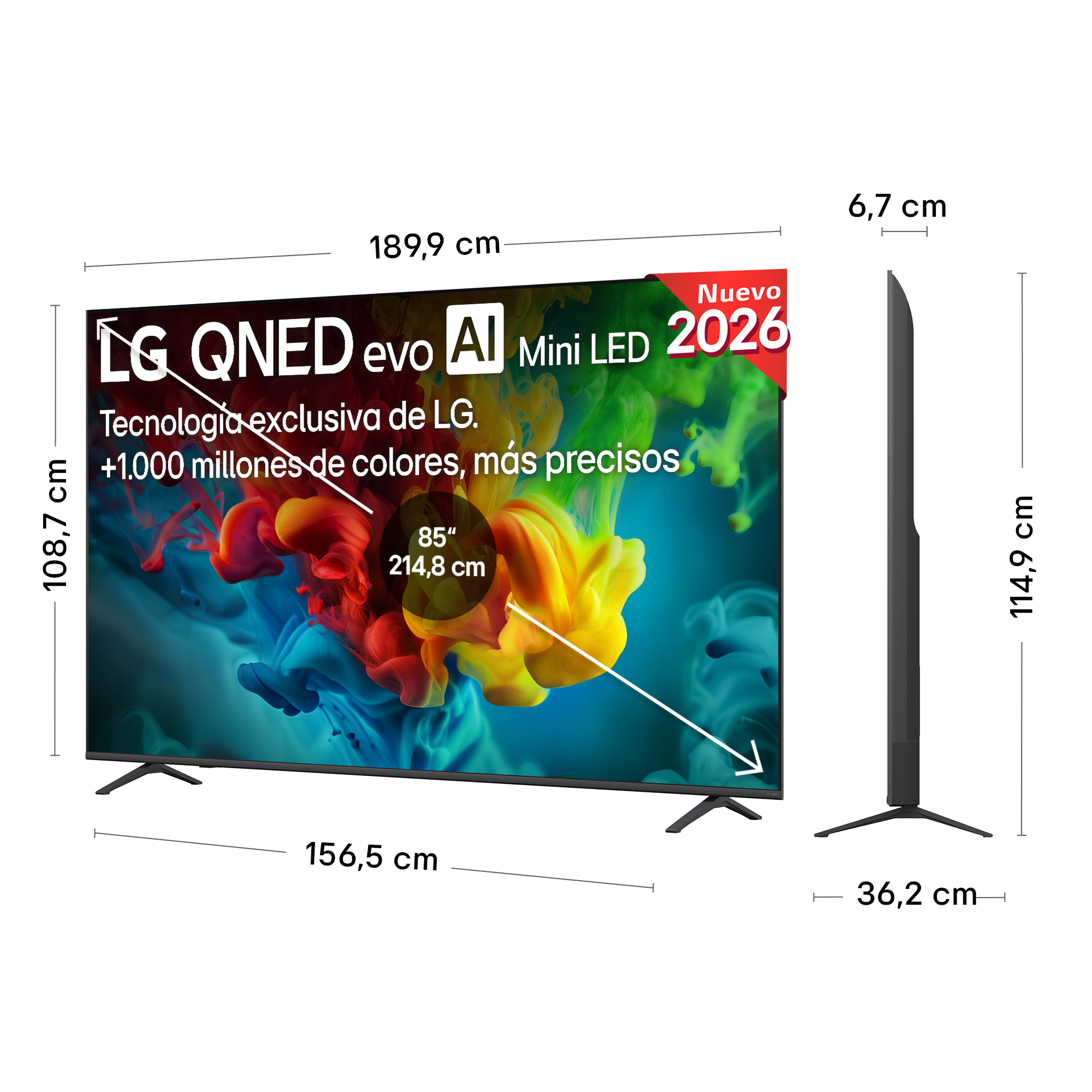 TV LG QNED de 85 pulgadas con IA y Mini LED. Dimensiones: 189,9x114,9x6,7cm.