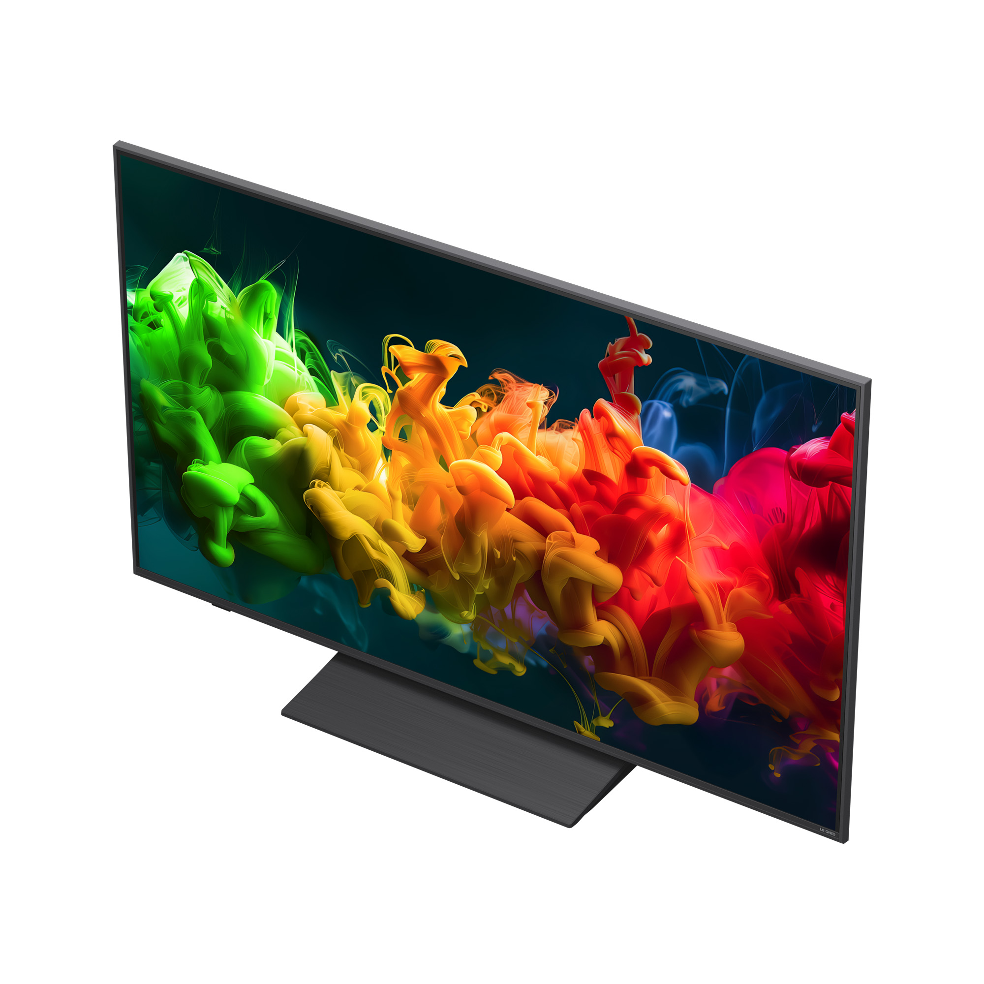 Un televisor moderno muestra una imagen abstracta de nubes de humo coloridas.