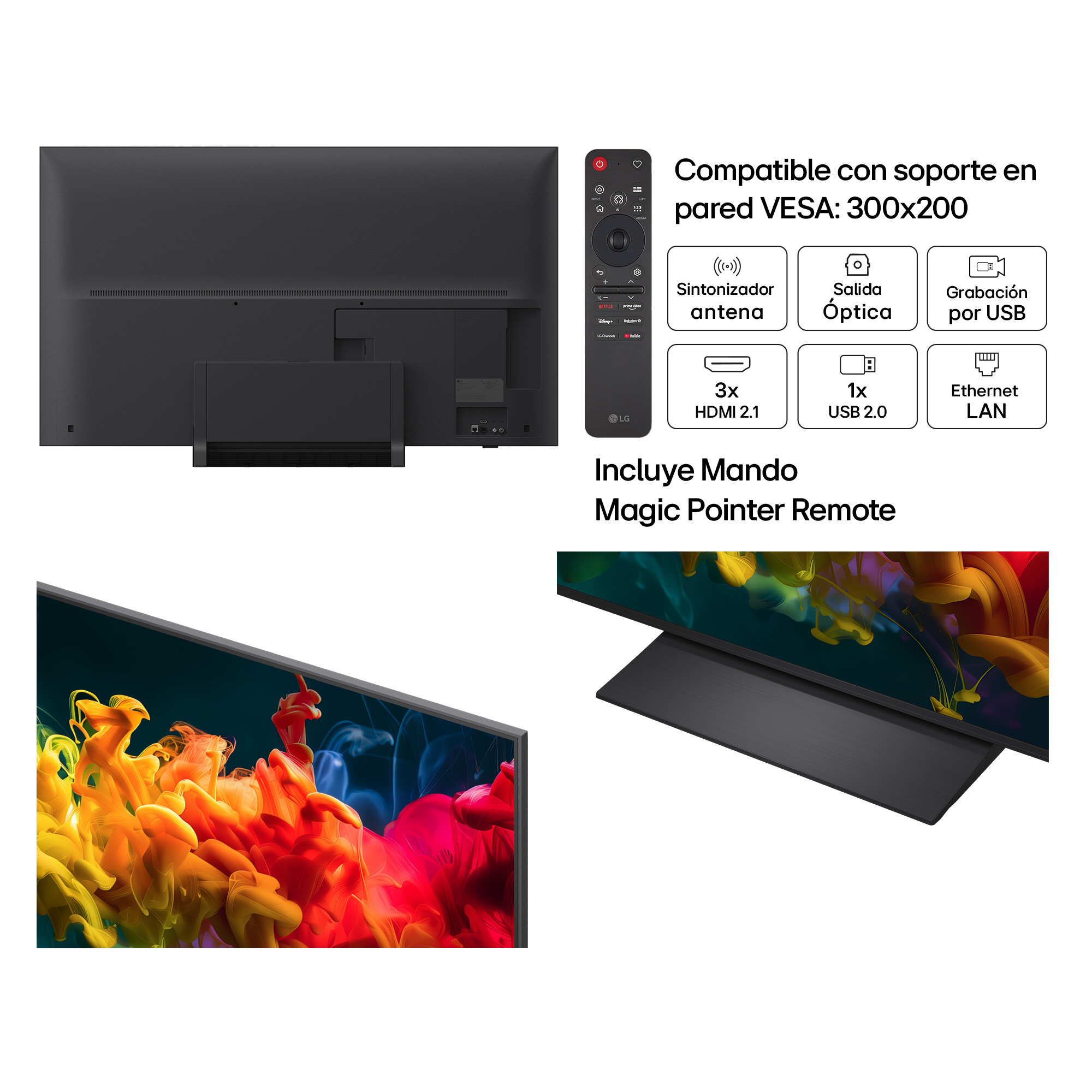 Parte posterior del televisor con puertos, control remoto e información VESA.