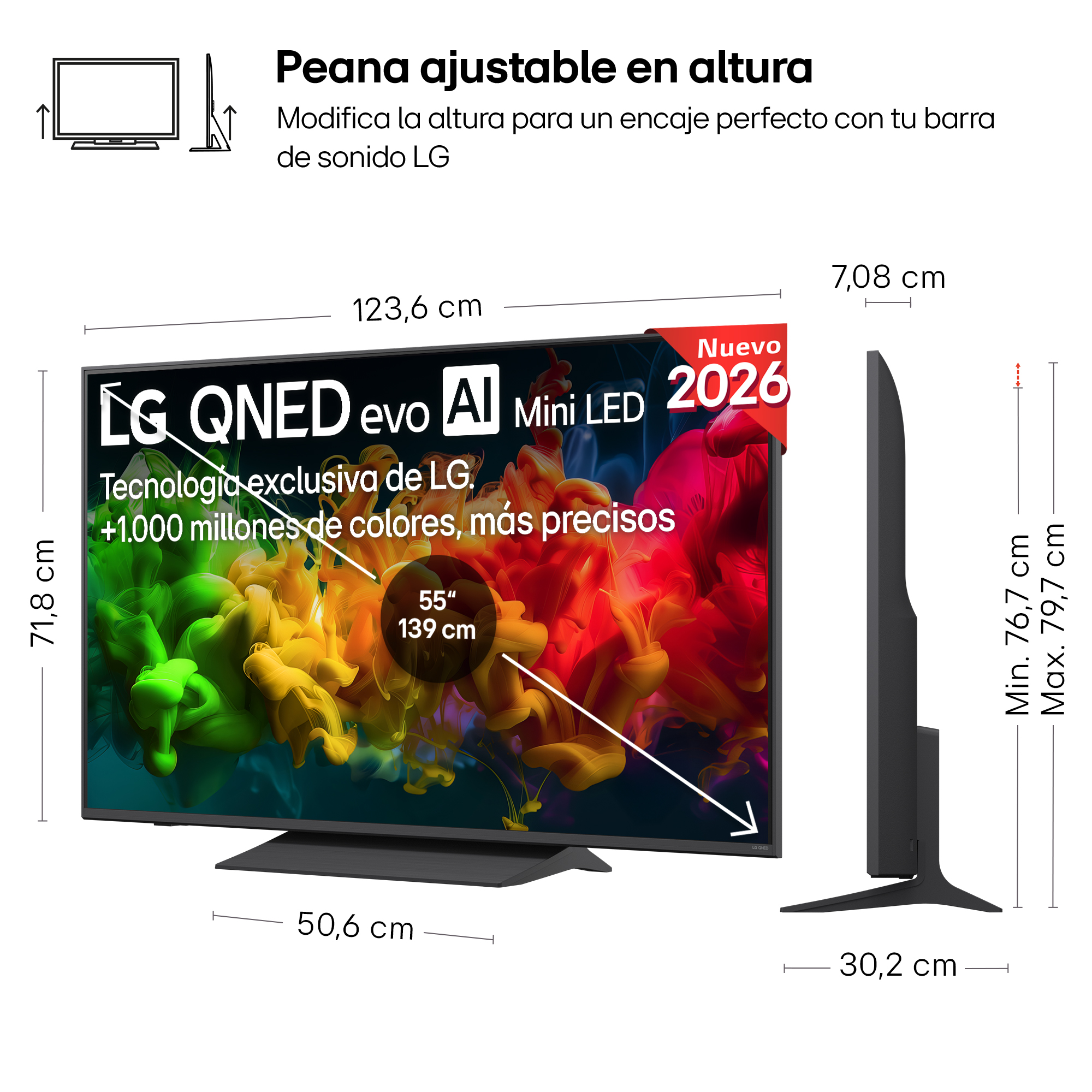 LG QNED TV de 55 pulgadas con Mini LED. Dimensiones: 123,6cm A, 71,8cm AL. Soporte regulable en altura.