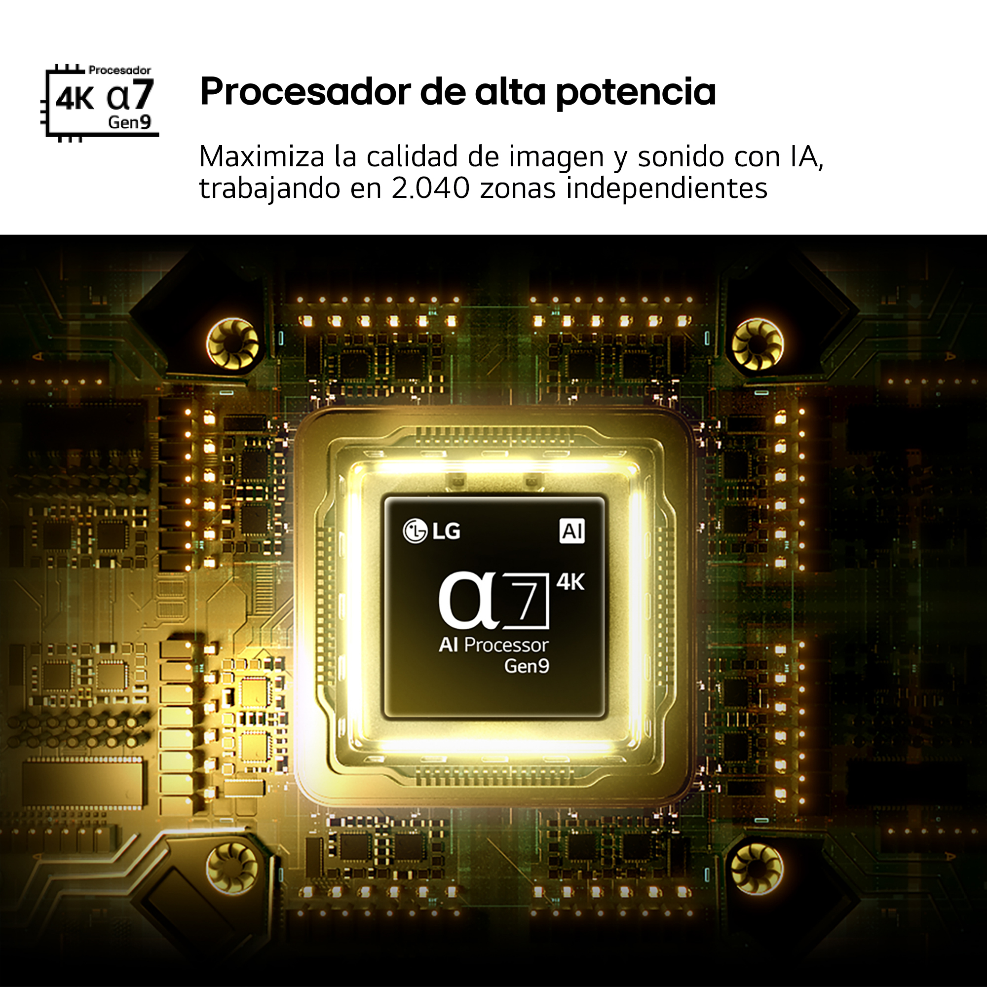 Un procesador LG Alpha 7 AI Gen9 en una placa de circuito con componentes iluminados.