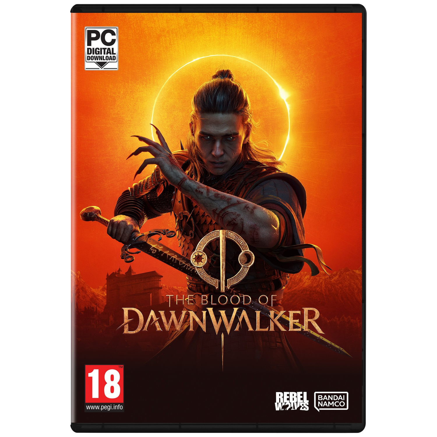 Spelcover: Man met zwaard tegen oranje lucht, PC digitale download, The Blood of Dawnwalker.