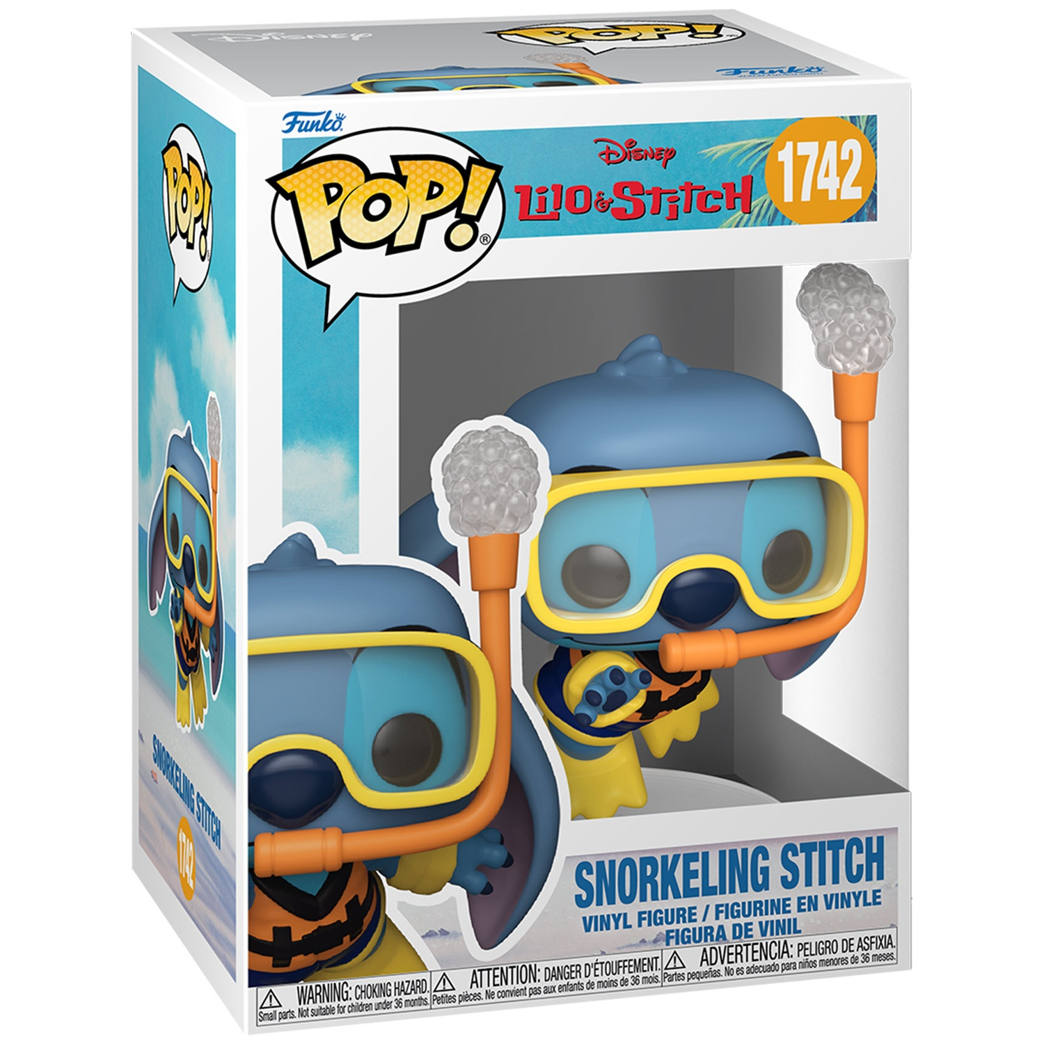 A Funko Pop! figure of Stitch wearing snorkeling gear on a tropical background.