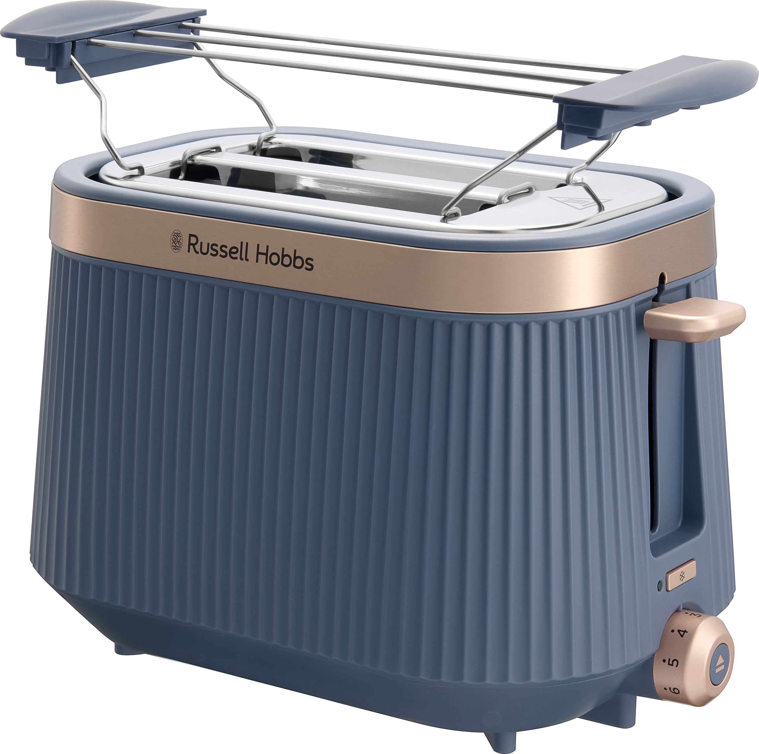 Egy kék Russell Hobbs kenyérpirító rózsaarany díszítéssel és bordázott textúrával.