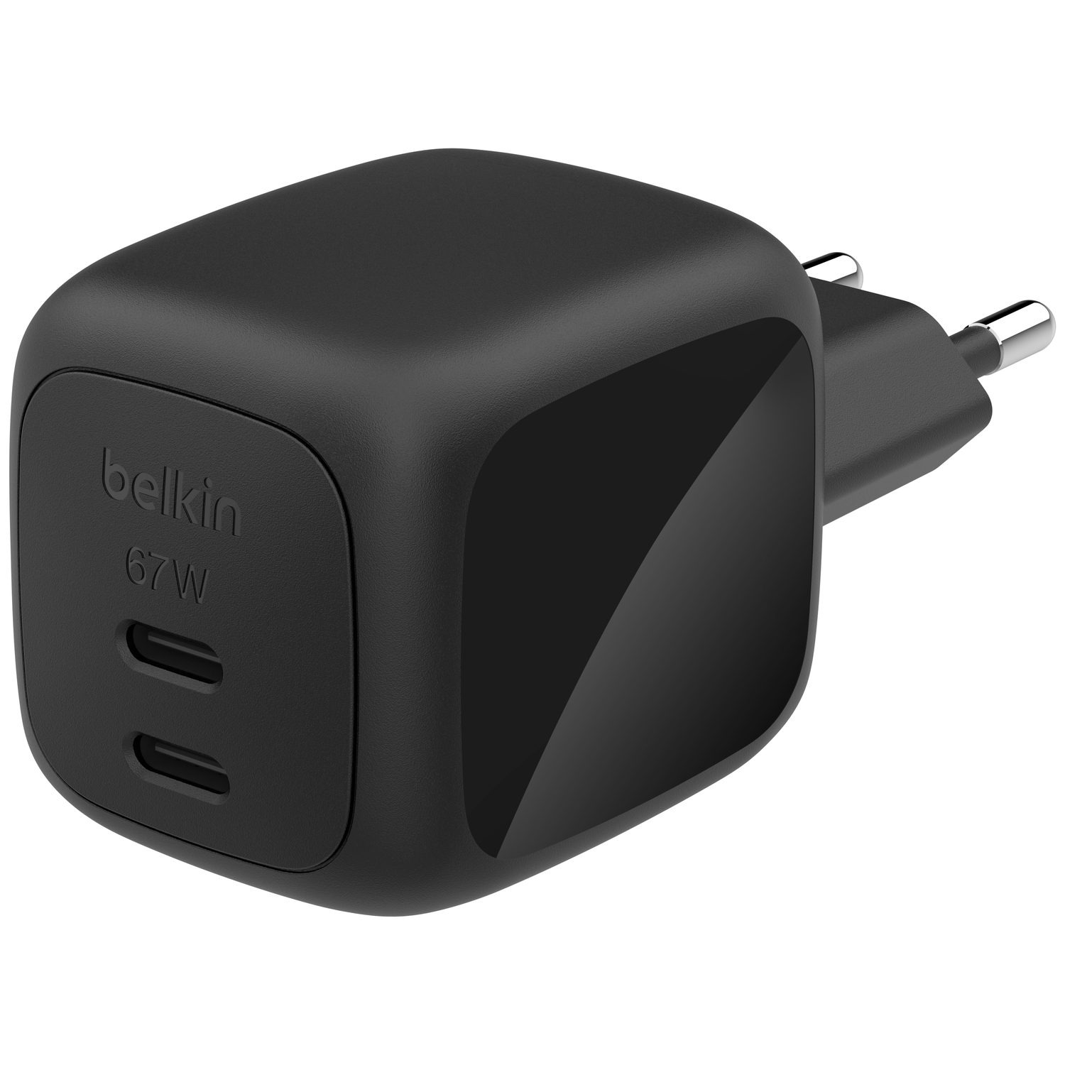 Black Belkin 67W dual USB-C power adapter with European plug.
